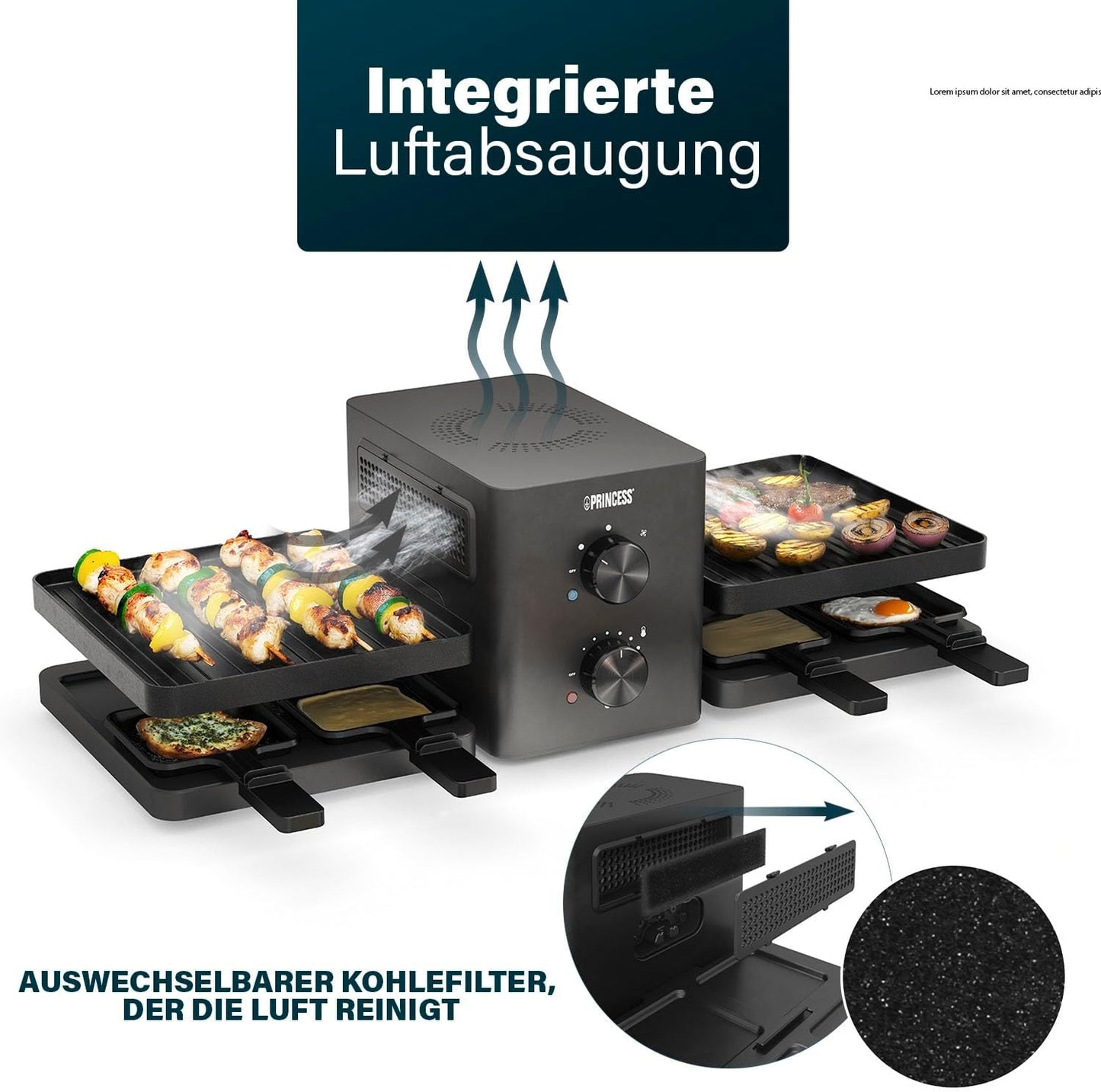 Raclette-Grill mit Luftfiltersystem für 8 Personen, Integriertes Luftfiltersystem 8 Personen