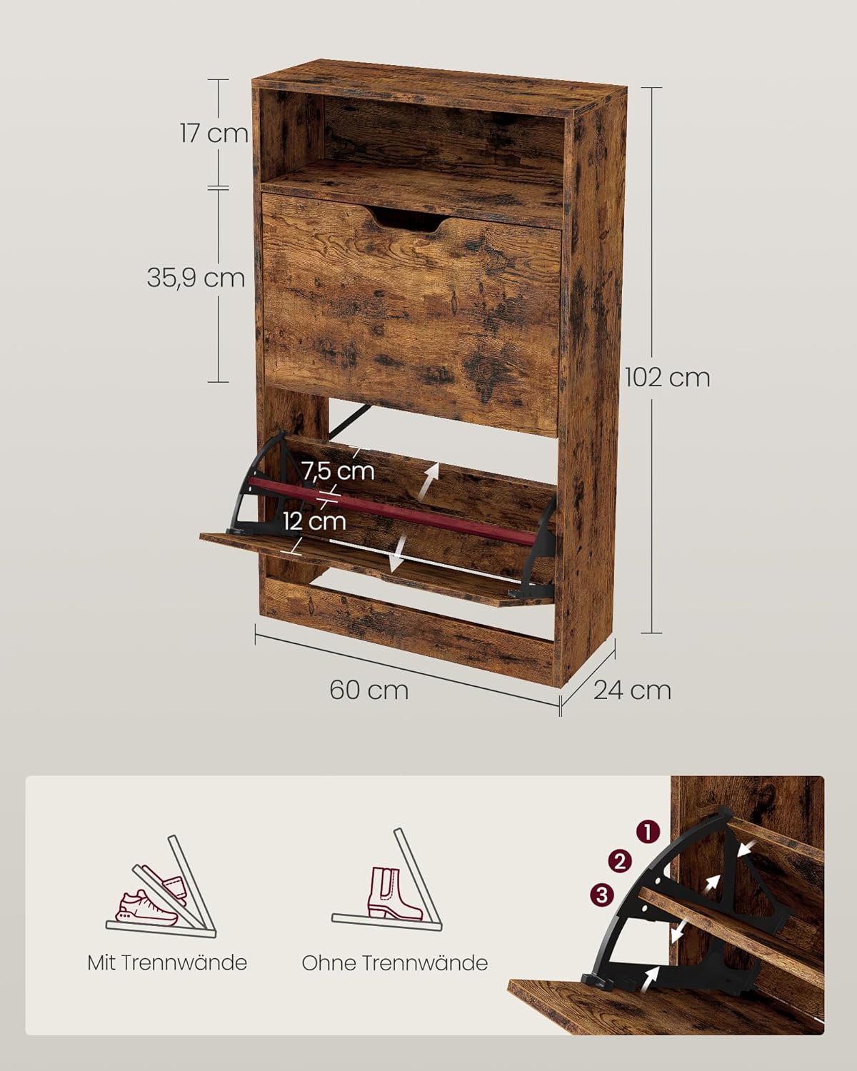 Custos Kollektion Schuhschrank mit verstellbarer Trennwand und 2 Klappen, Vintagebraun 2 Klappen (60B cm)