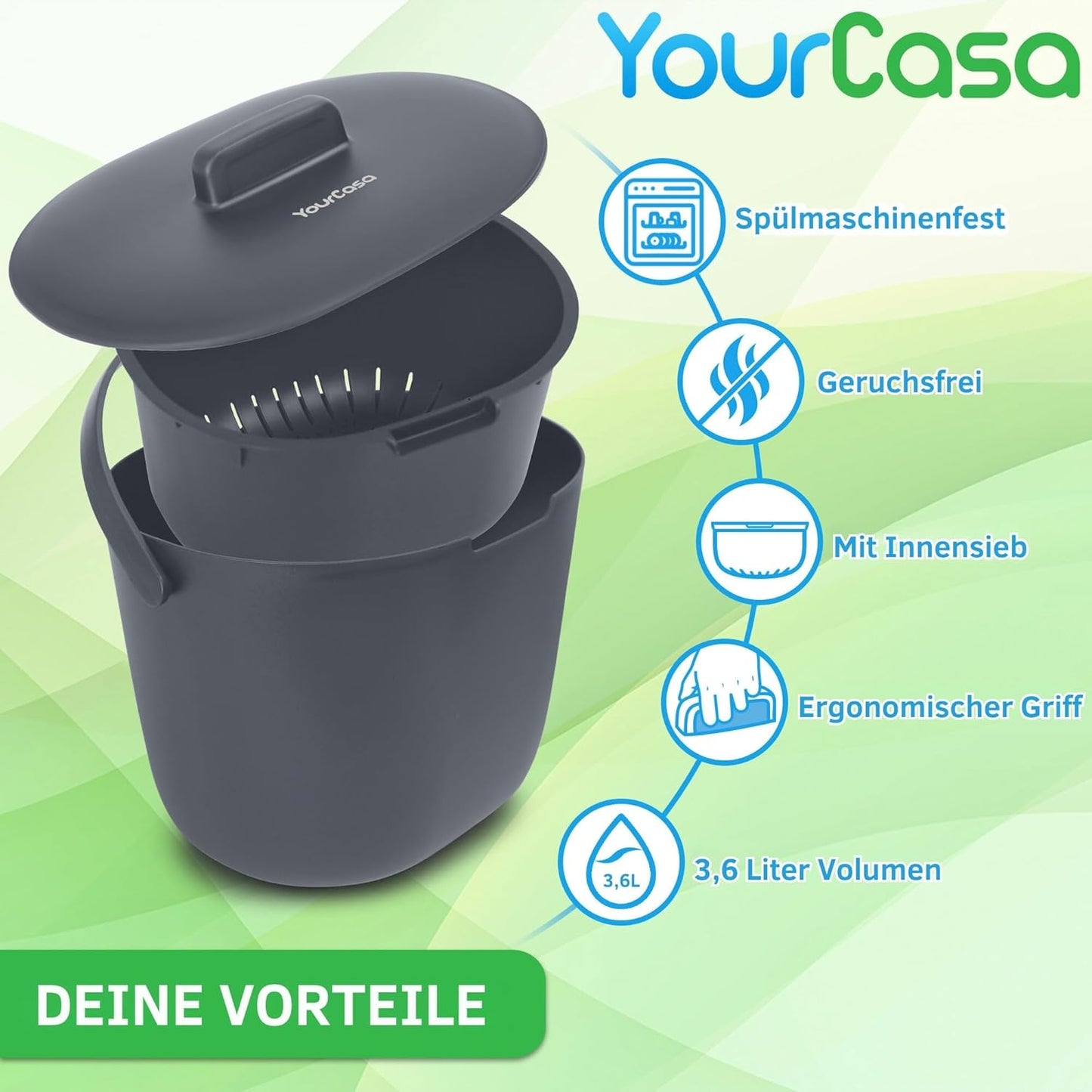 Geruchsdichter Komposteimer mit Sieb & ergonomischen Griff, 3,6 Liter Anthrazit