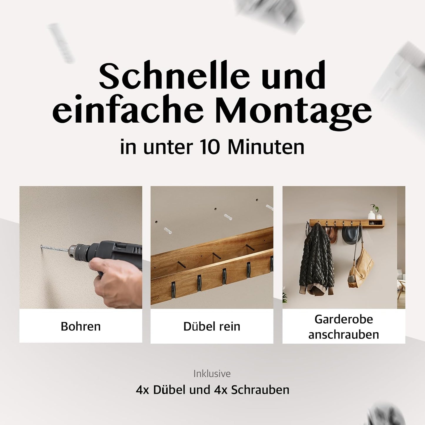 4in1 Wandgarderobe mit Ablage und Kleiderstangen, Dunkelbraun (Akazie)