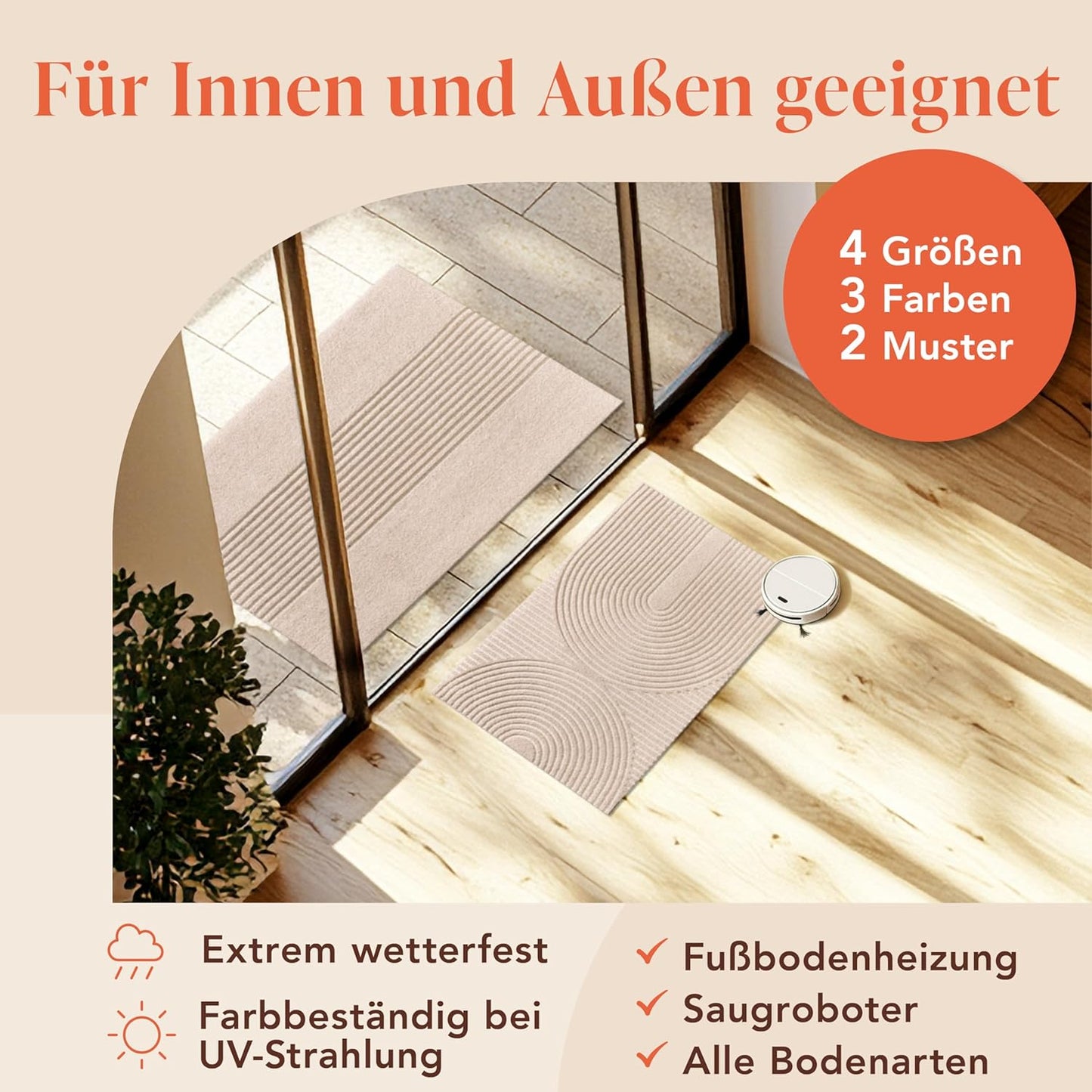 Rutschfeste Fussmatte, 60x90cm Beige Wellen