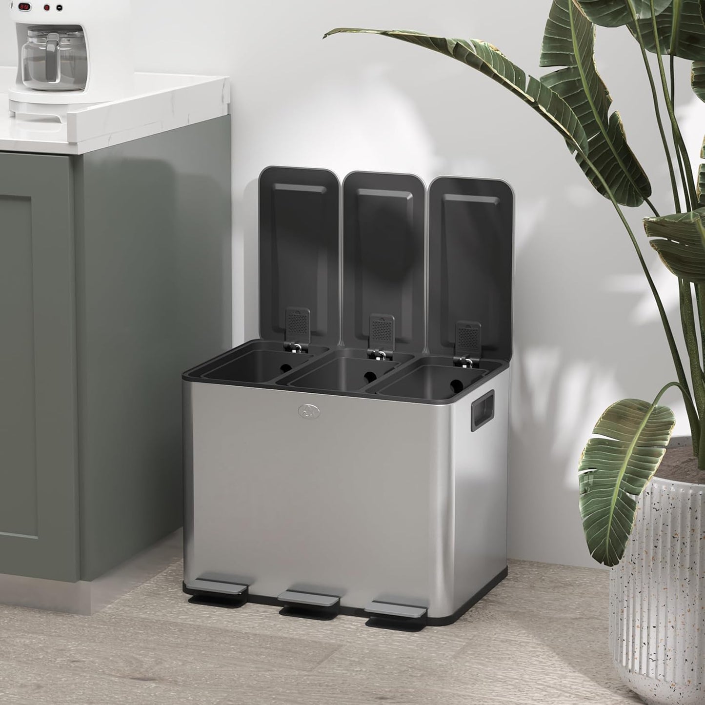 Mülltrennsystem mit Softclose Deckel, 3 x 20L Silber
