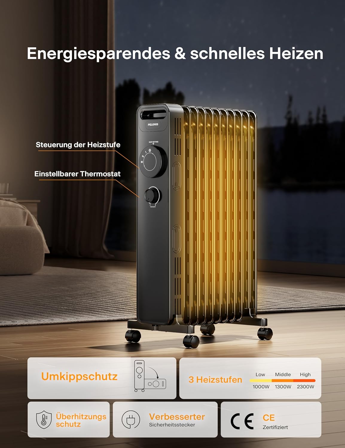 Ölradiator mit Thermostat & Schutzfunktionen, 11 Rippen ohne Fernbedienung / Schwarz