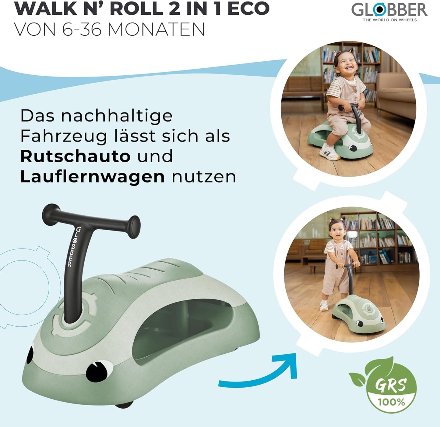 2in1 Lauflernwagen & Rutschauto ECO, Pistazie
