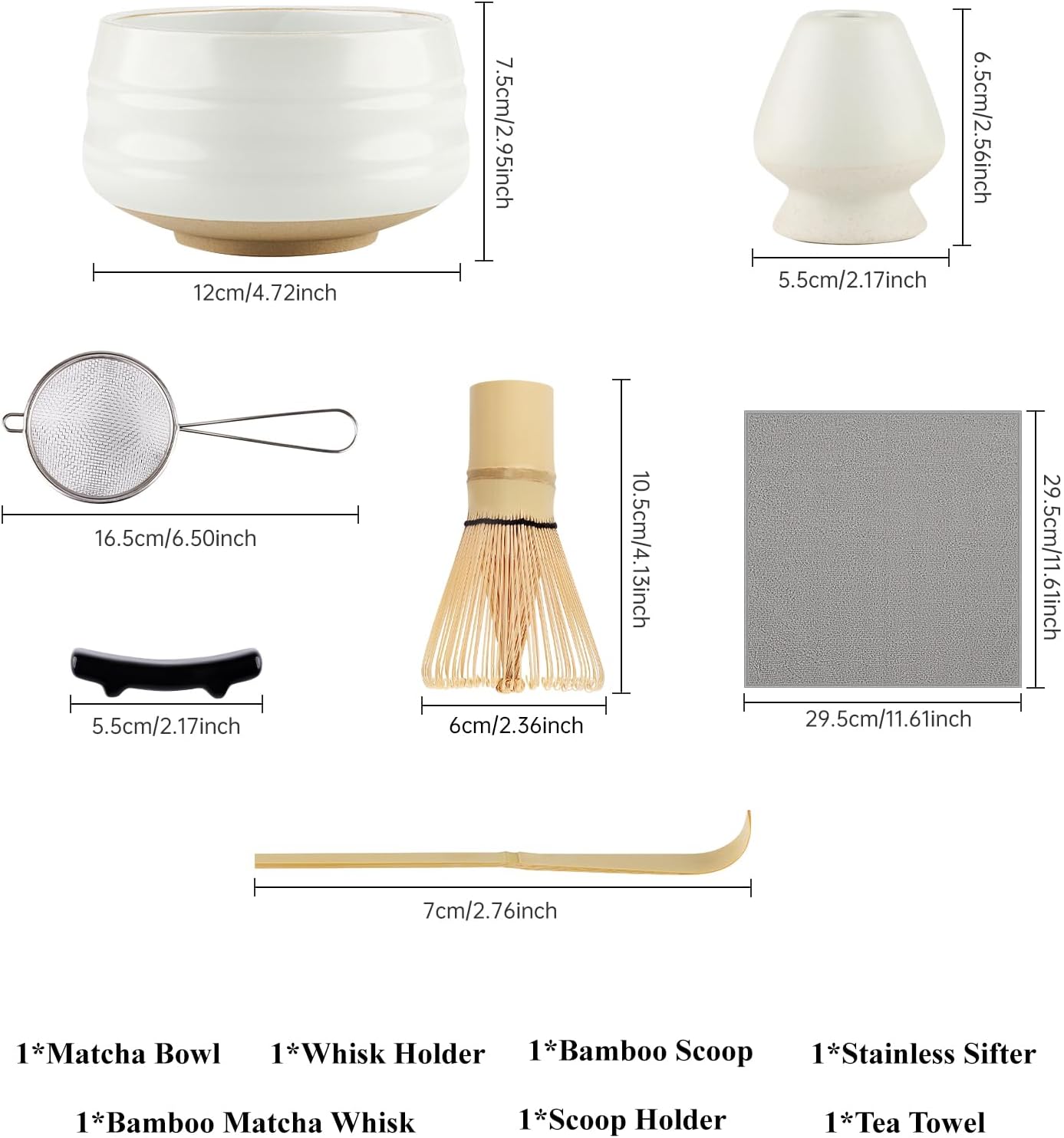 Matcha-Set (7-teilig) mit Bambusbesen und Schale, Mondlicht Weiß