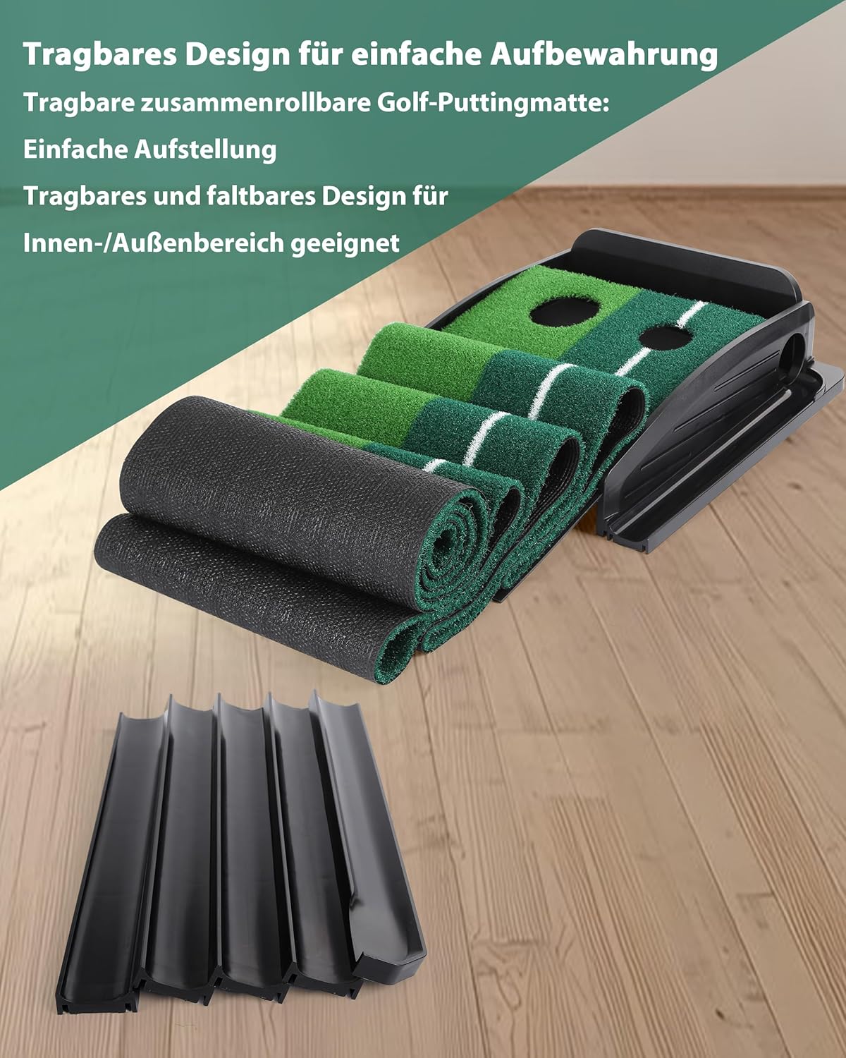 Golf Putting Matte mit Ballrückgabe, Schwarz - Ohne Bälle, Selbstmontage