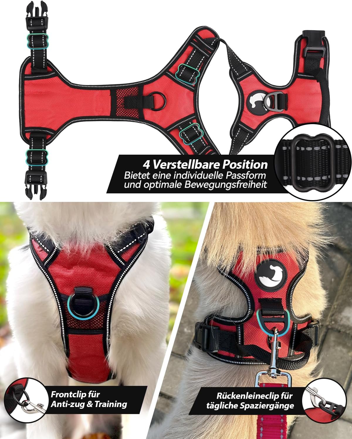 Reflektierendes Hundegeschirr mit Griff, verstellbar, M (1er Pack) Rot