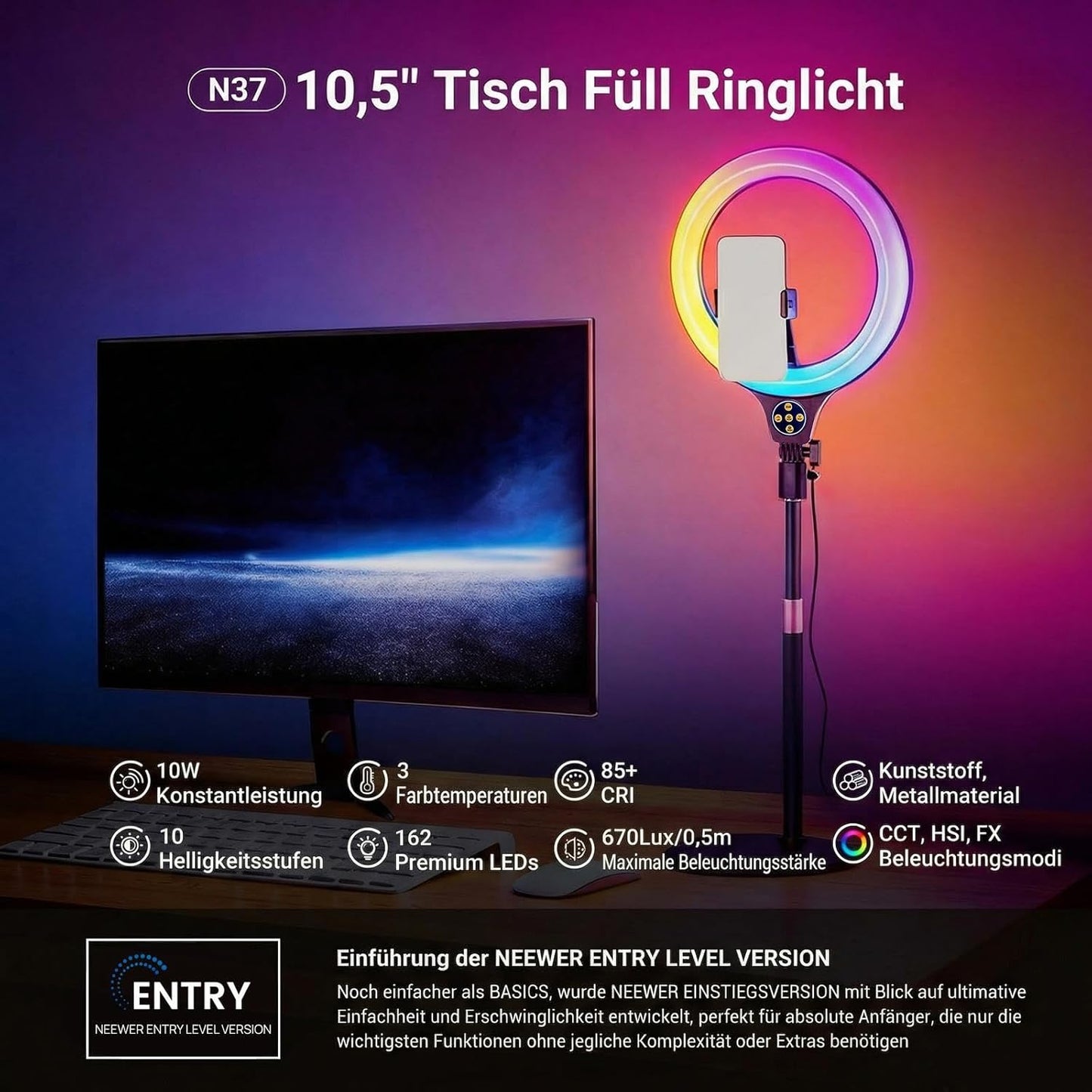 N37 RGB Ringlicht mit Ständer und Handyhalterung, Schwarz 10,5" RGB mit rundem Sockel