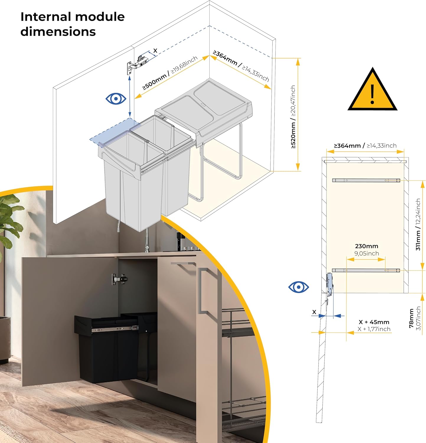 Recyclingbehälter zur Bodenmontage, Schwarz 2X25 L Küchenabfallbehälter (Bodenbefestigung)