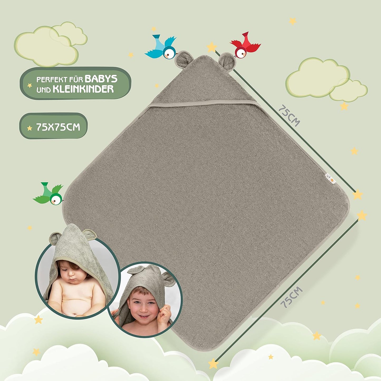 Baby Kapuzenhandtuch aus Bambus (extra dick, 75x75cm), Mint-grün