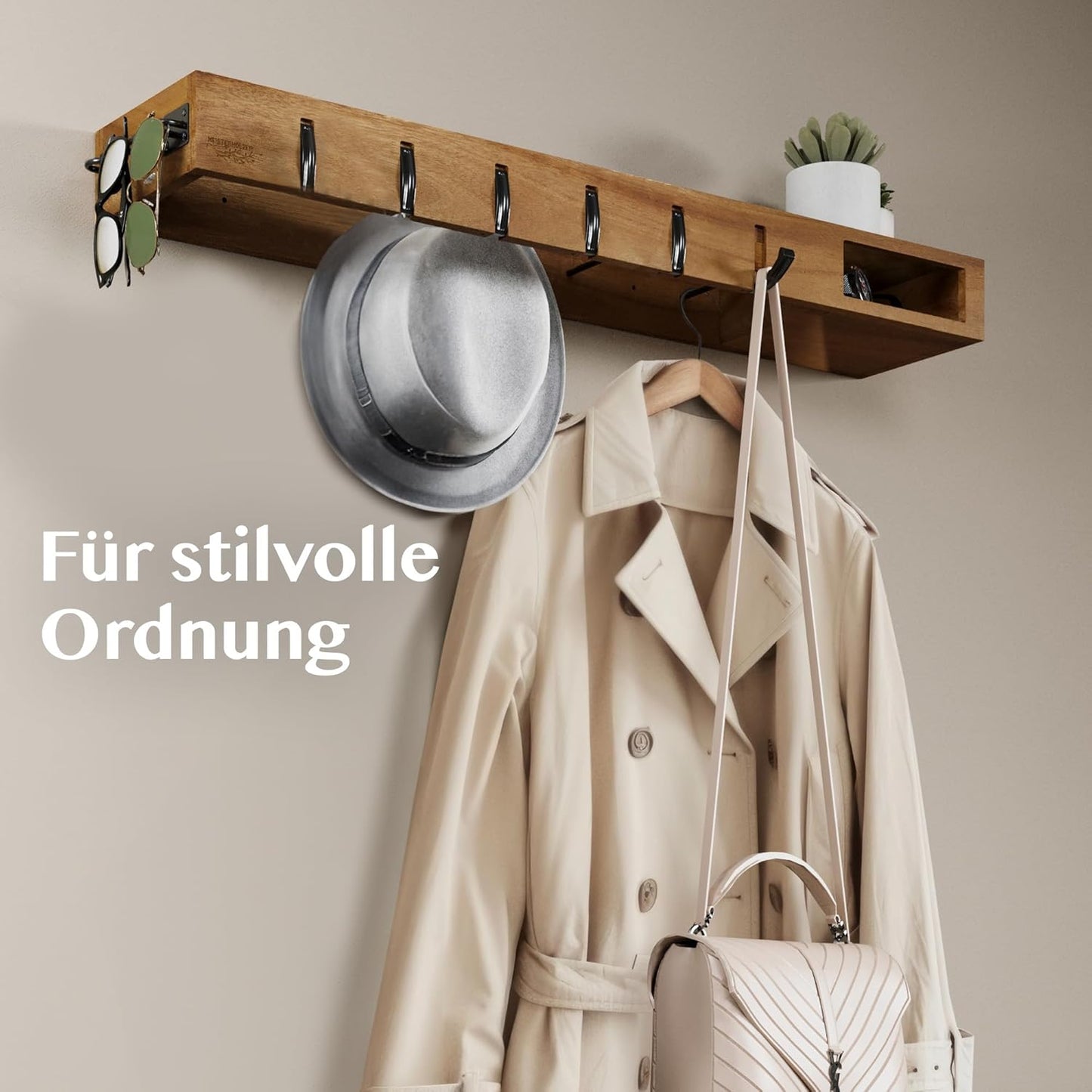 4in1 Wandgarderobe mit Ablage und Kleiderstangen, Dunkelbraun (Akazie)
