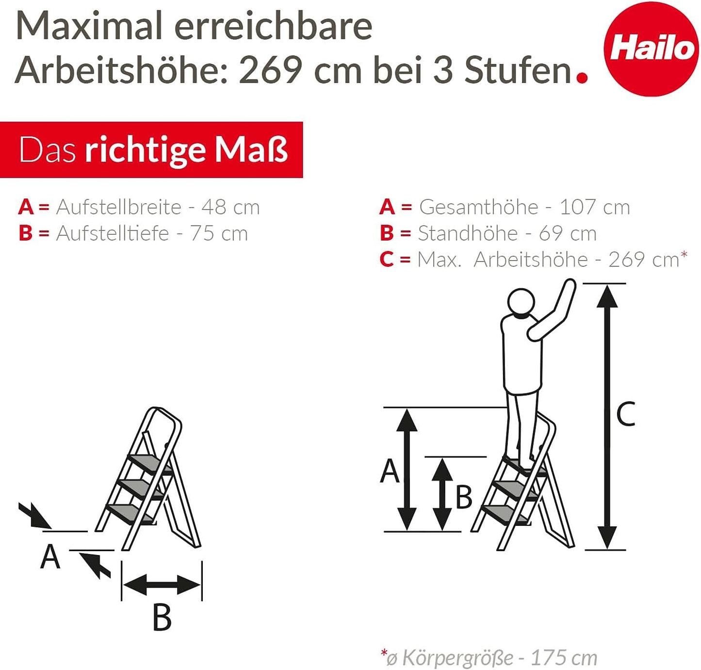 HobbyStep Klapptritt-Leiter mit Anti-Rutsch-Stufen (3 Stufen), Weiss 3 Stufen
