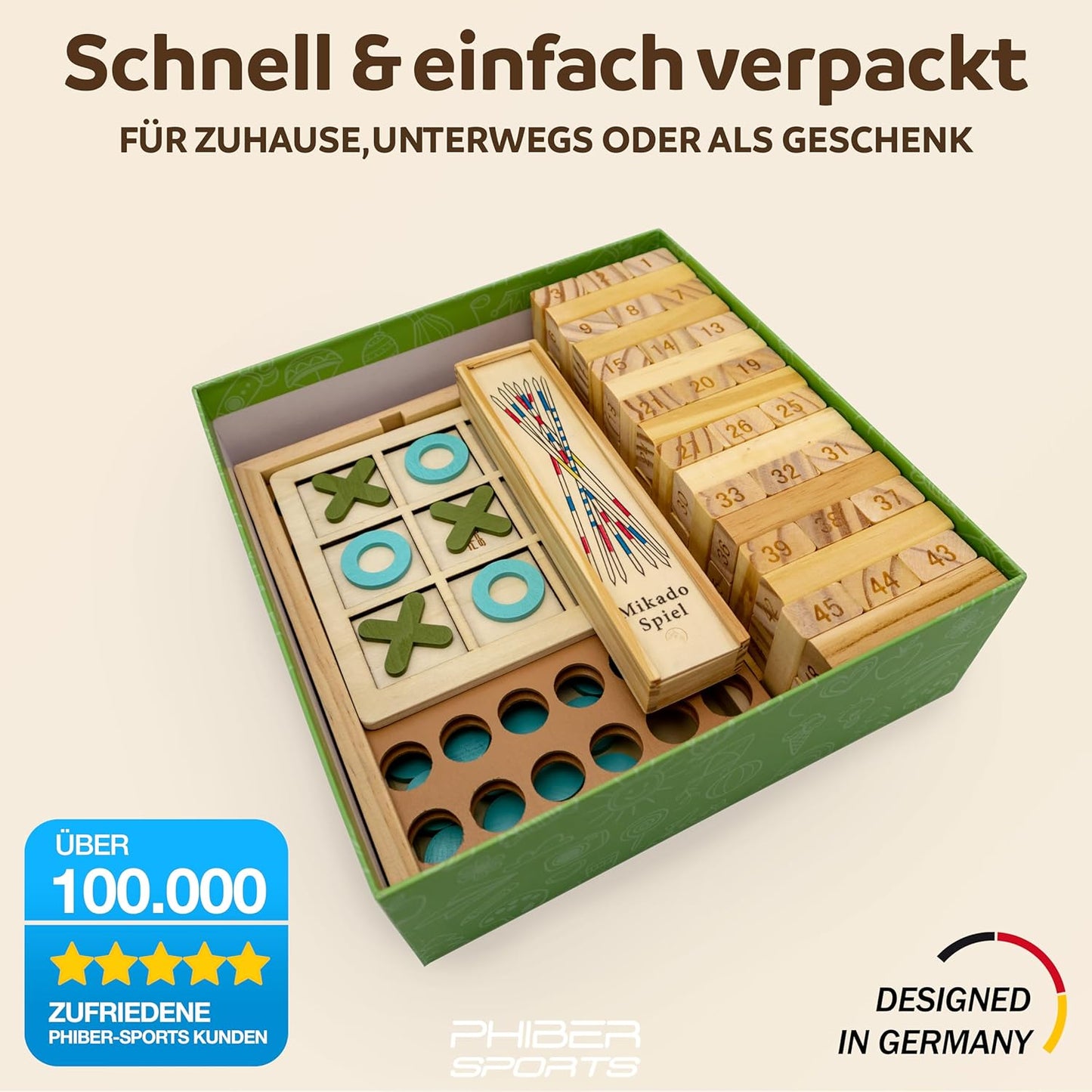 Holz Spielesammlung Wackelturm, Mikado, Tic Tac Toe