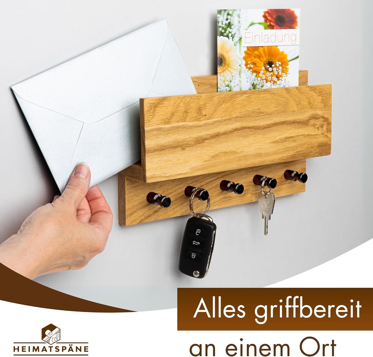 Schlüsselbrett mit Ablage, Eiche (schwarze Haken)