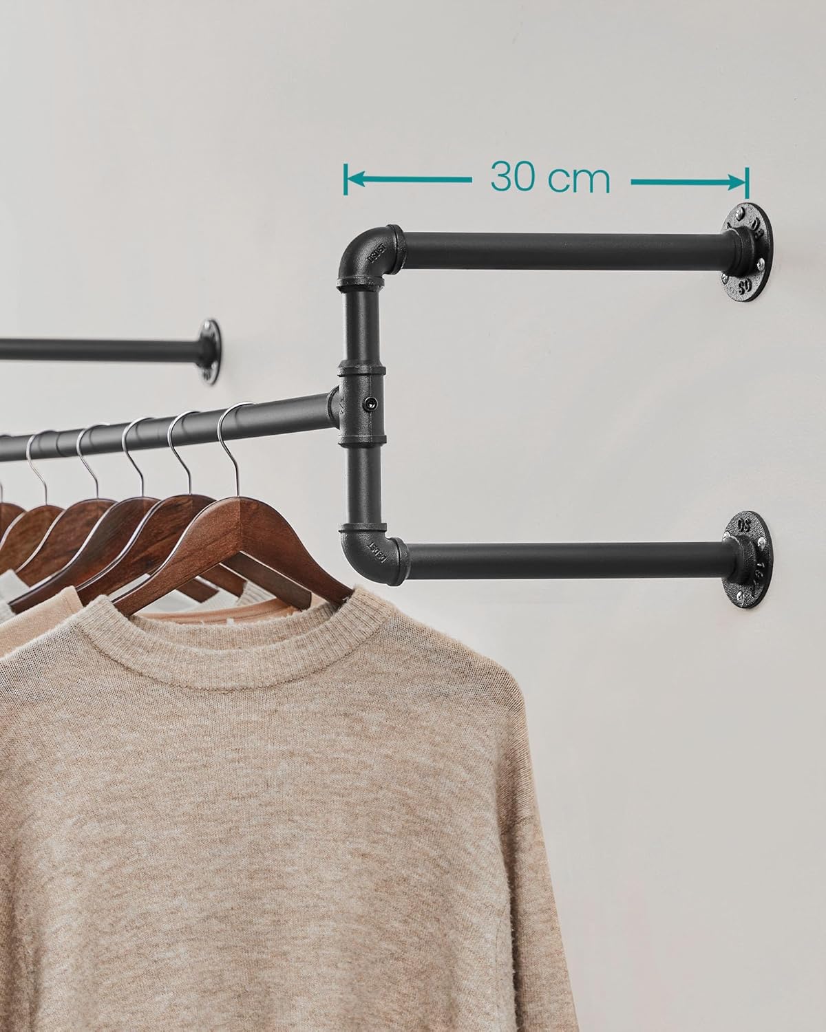 Wandgarderobe im Industriestil mit Kleiderstange, 1er Set