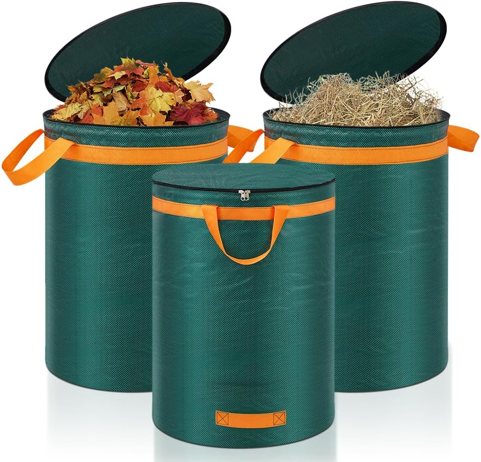 3er-Set Gartenabfallsäcke mit Deckel und Griffen, 272L Gartensack mit Deckel