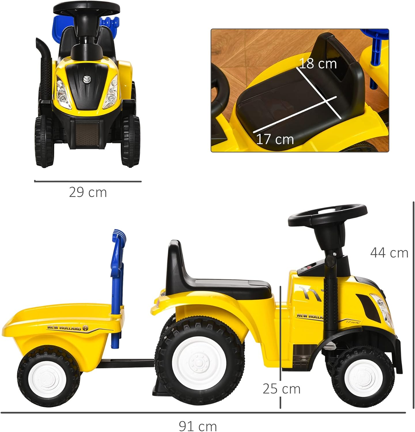 Rutschauto mit Anhänger und Zubehör, Gelb