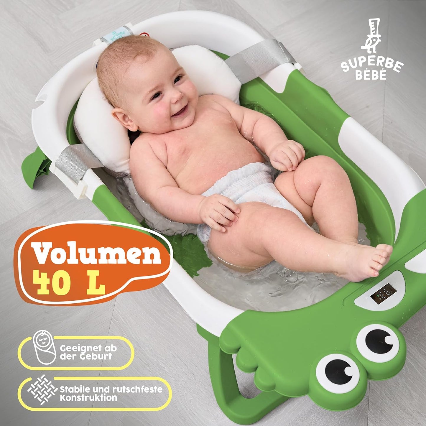 Faltbare Babywanne mit Badethermometer & Sitz, 2 x faltbar APFELGRÜN