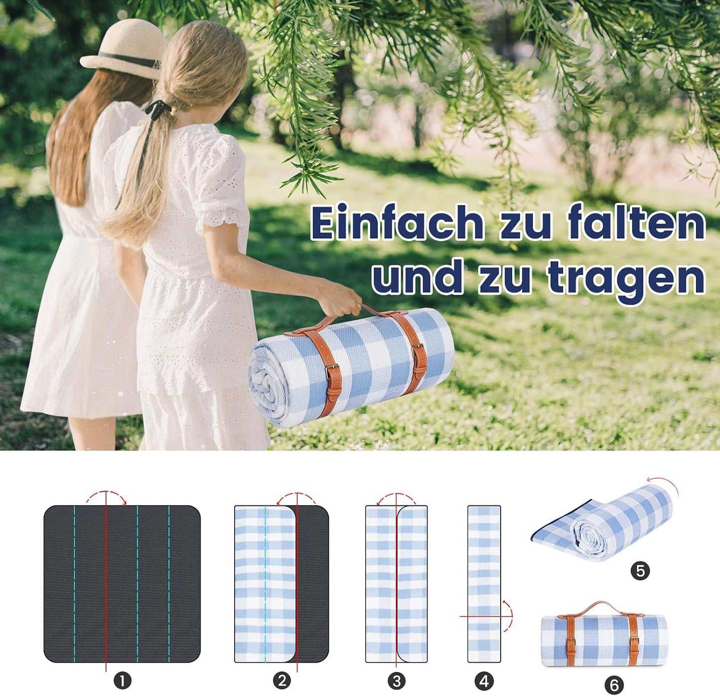 Wasserdichte Picknickdecke, Blau-weiss Kariert 200 x 200 cm