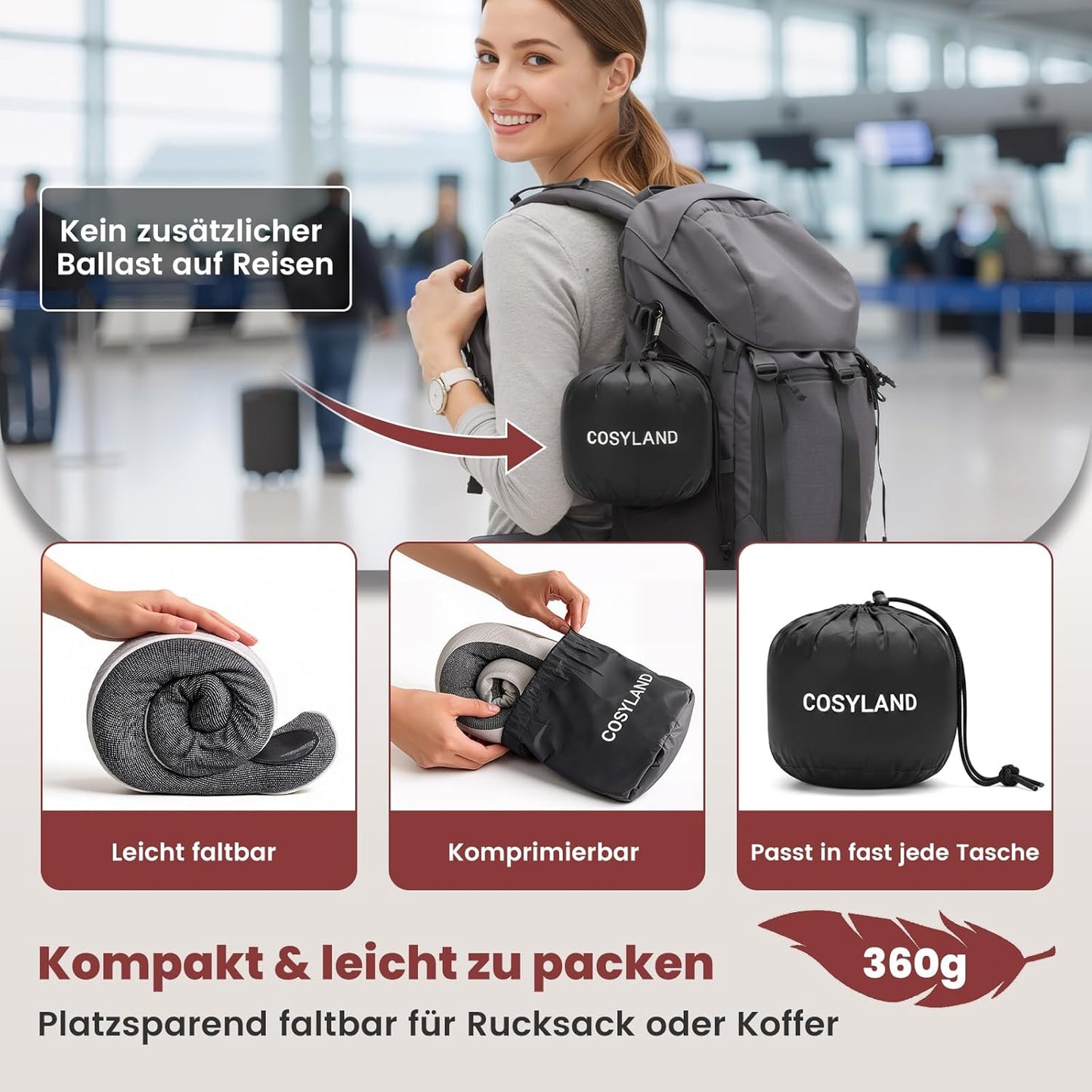Reisekissen 360° Memory Foam mit Zubehör-Set, Grau