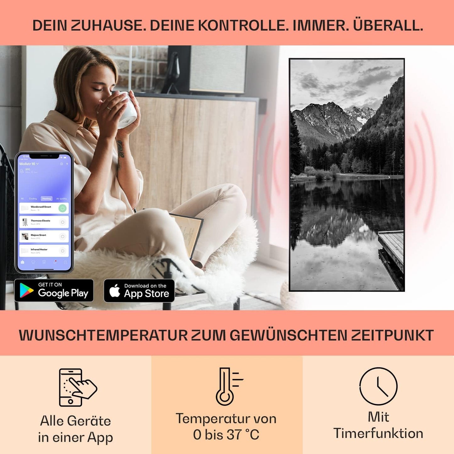 Infrarotheizung mit Thermostat und App-Steuerung, 60 x 120 cm/ 700 W See Schwarz - Weiss Schwarz