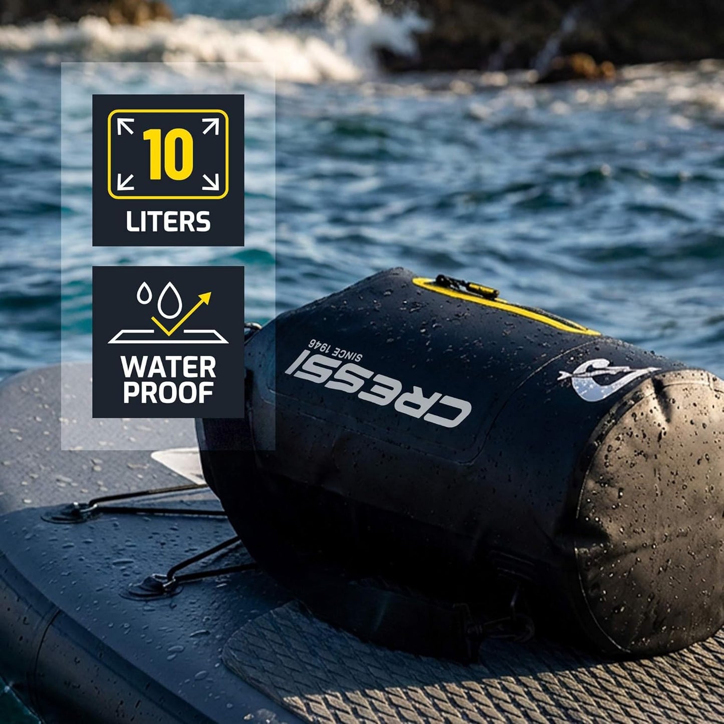 Ocelot Dry Bag für Wassersport, Schwarz/Gelb 10 L