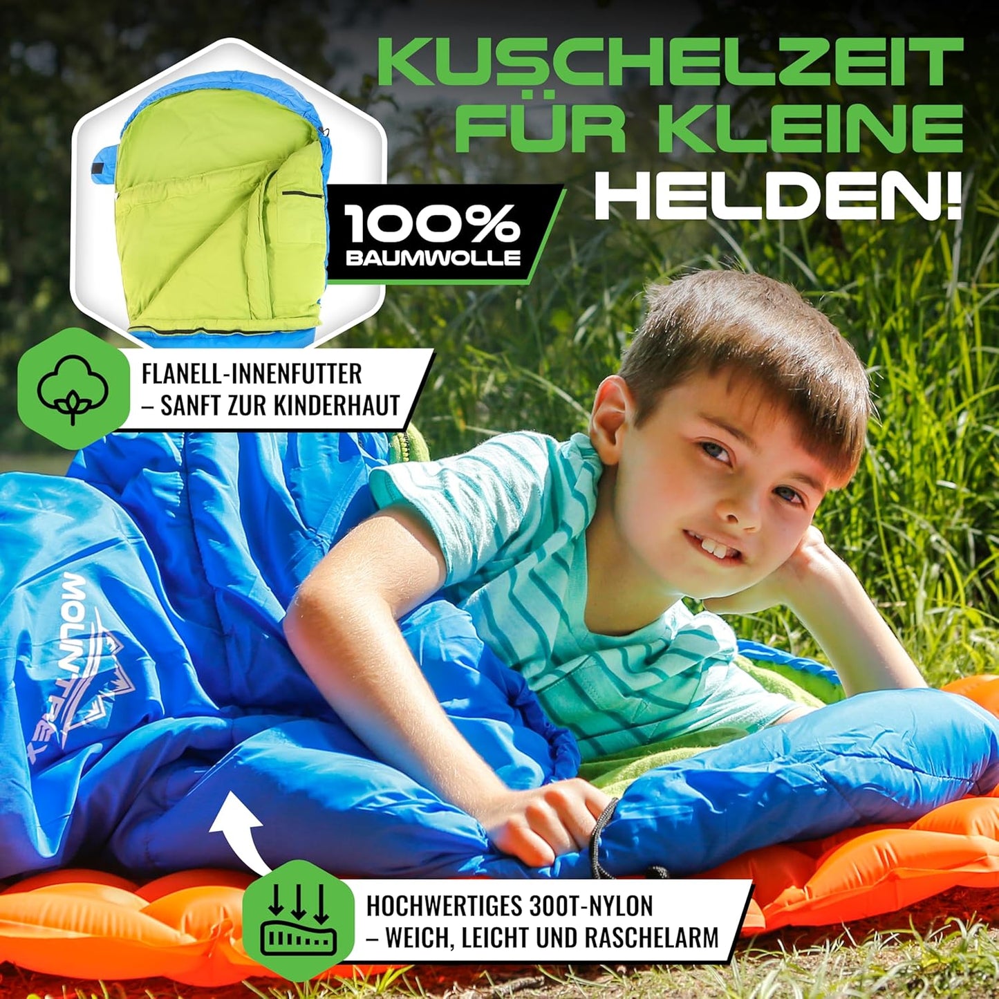 Kinderschlafsack mit Baumwollfutter, Blau/Grün 175 x 70 x 45cm