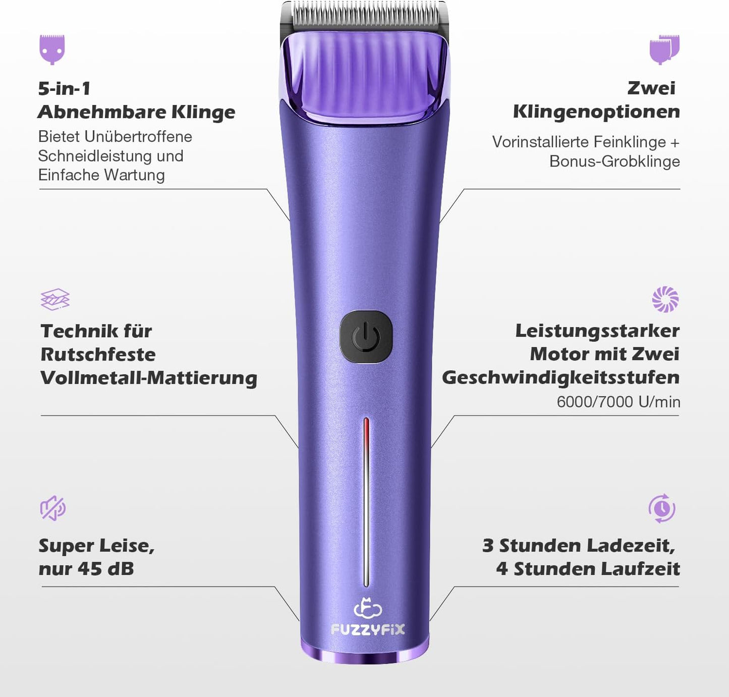 Hundeschermaschine mit Ersatzklinge und Aufsteckkämmen, Lila