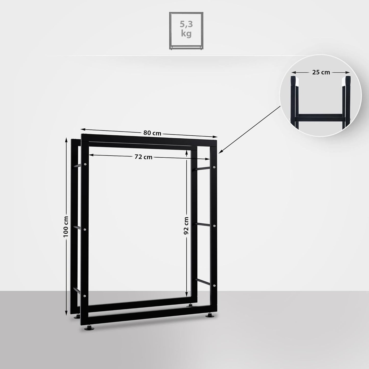 Keri V2 - Kaminholzregal mit Bodenschonern, 25x80x100 cm, Schwarz