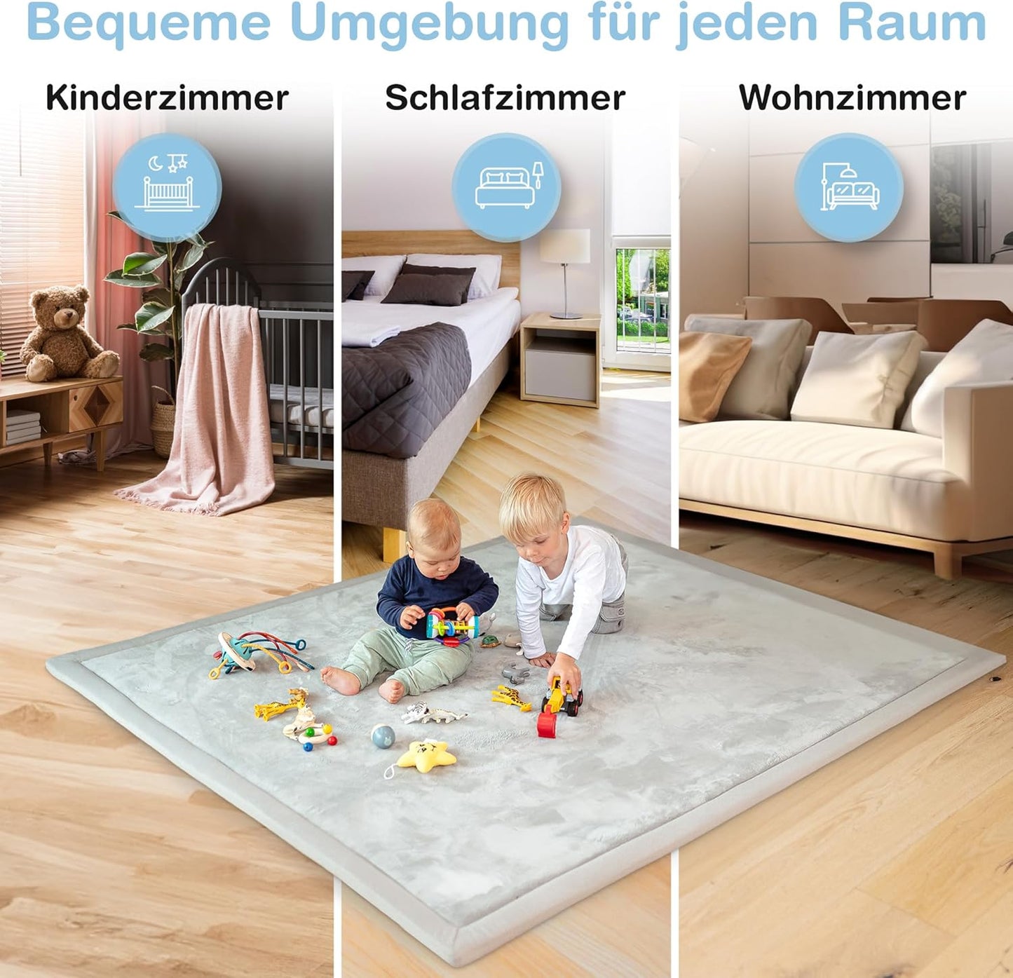 Spielmatte für Babys - 3cm dick, rutschfest, warm, Grau 180 x 200 cm (Rechteckig)