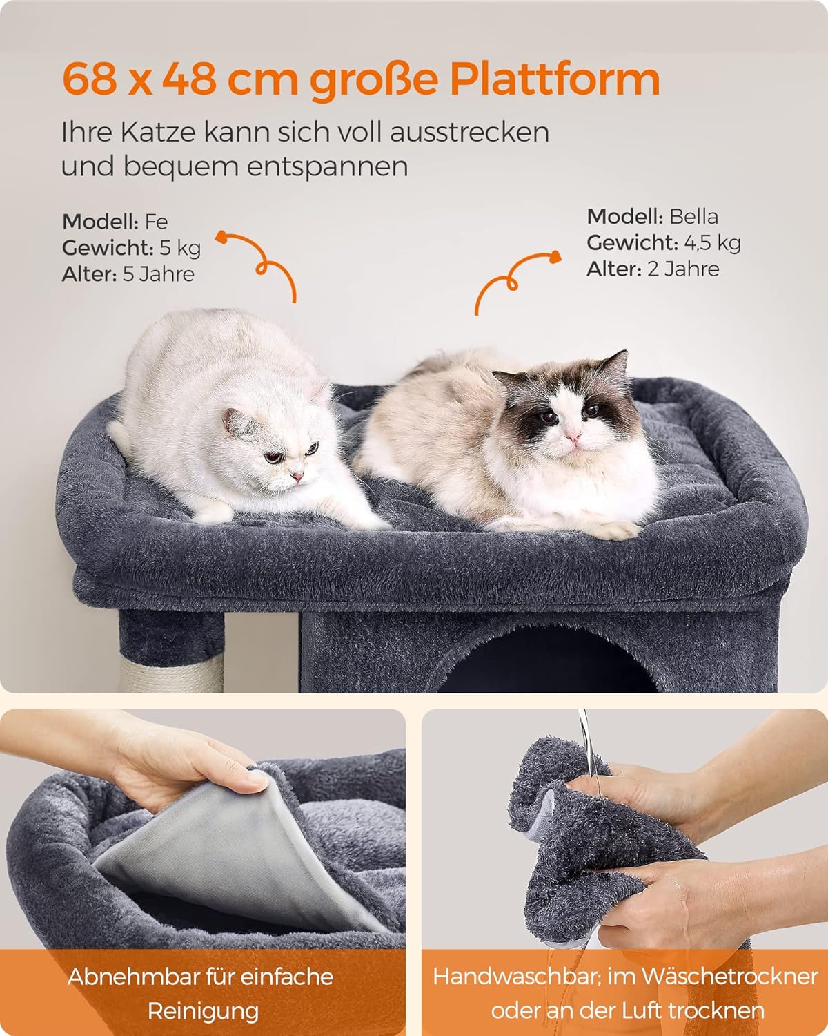 Kratzbaum mit Katzenhaus, Rauchgrau XL (68 x 48 x 101 cm)