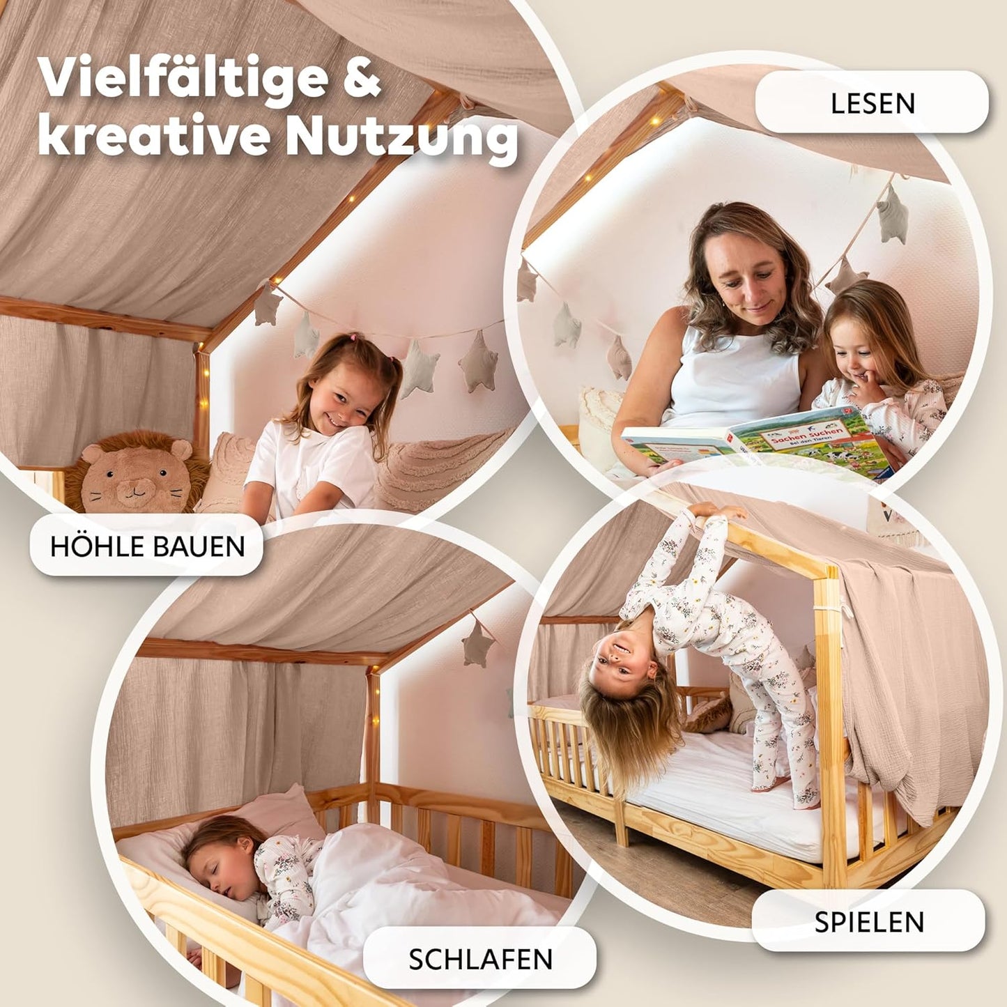 Stoffhimmel für Kinder-Hausbett, Beigerosa 135 x 320cm