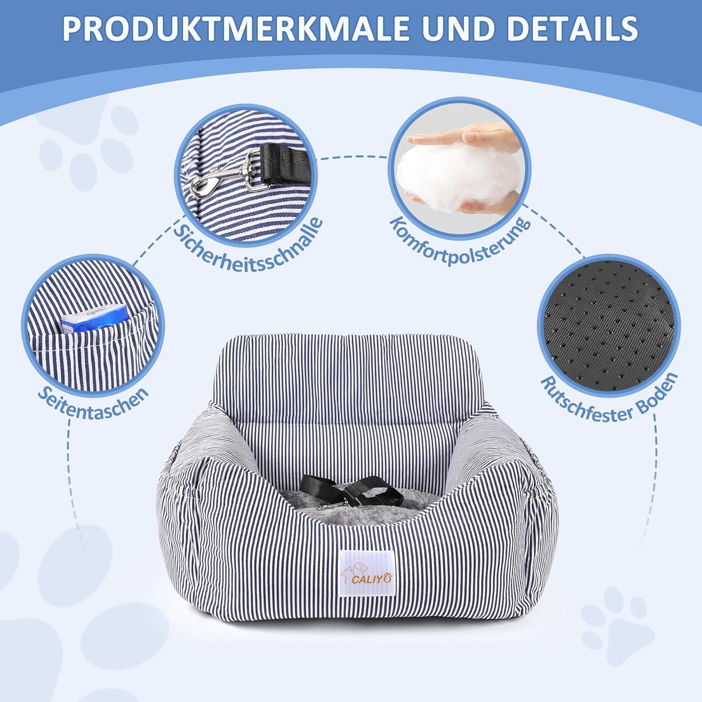 Hundeautositz mit Sicherheitsgurt bis 10 kg, wasserdicht, Blau-Weiss