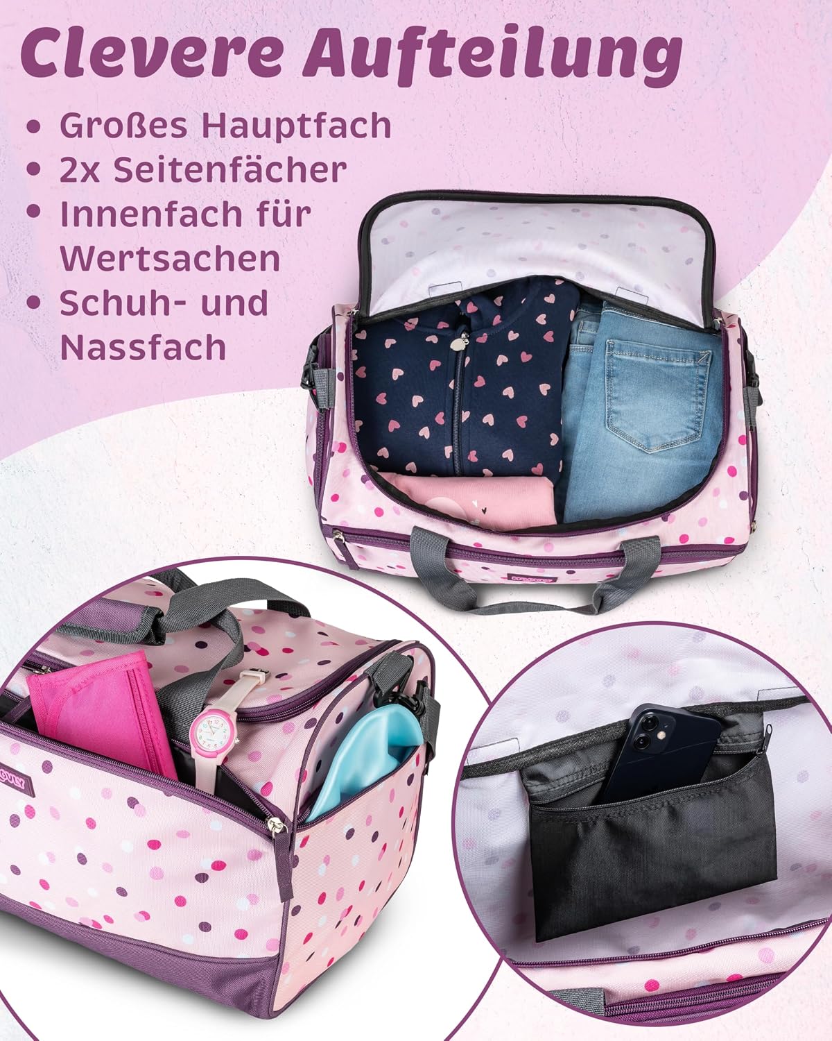 2-teiliges Sporttaschen-Set mit Schuh- und Nassfach, Blau/Rosa