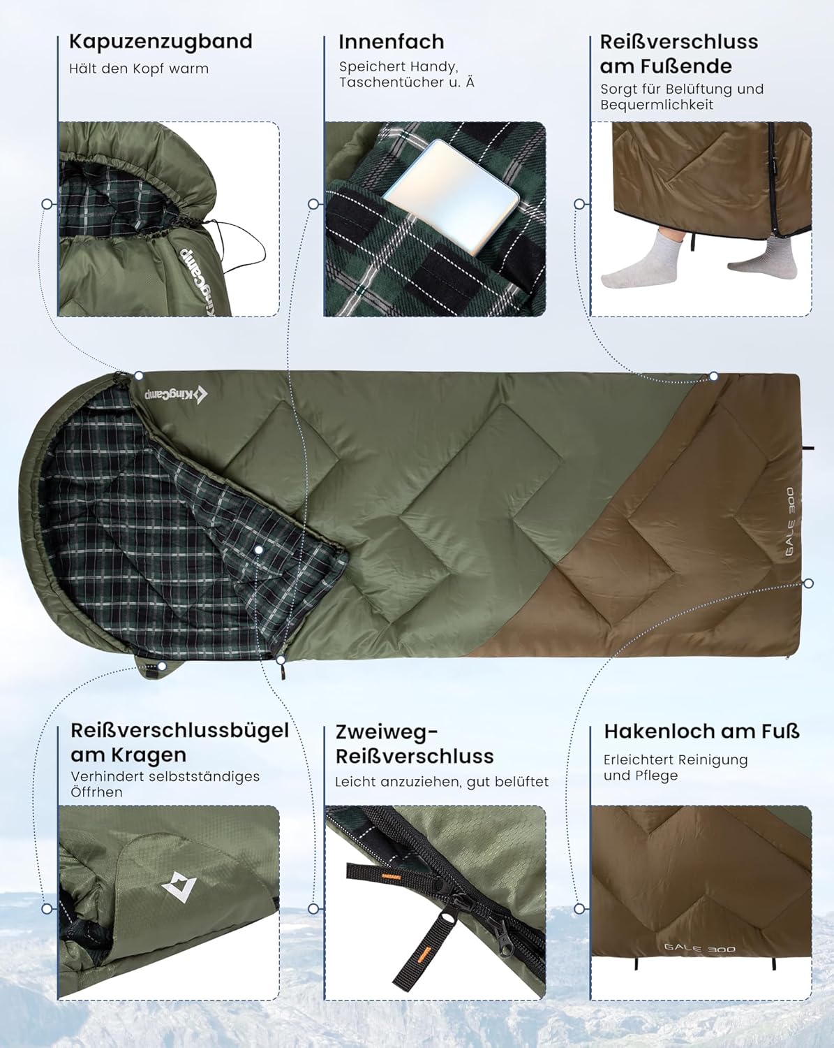 Schlafsack für Erwachsene, 300GSM Grün/Braun-R-Zip
