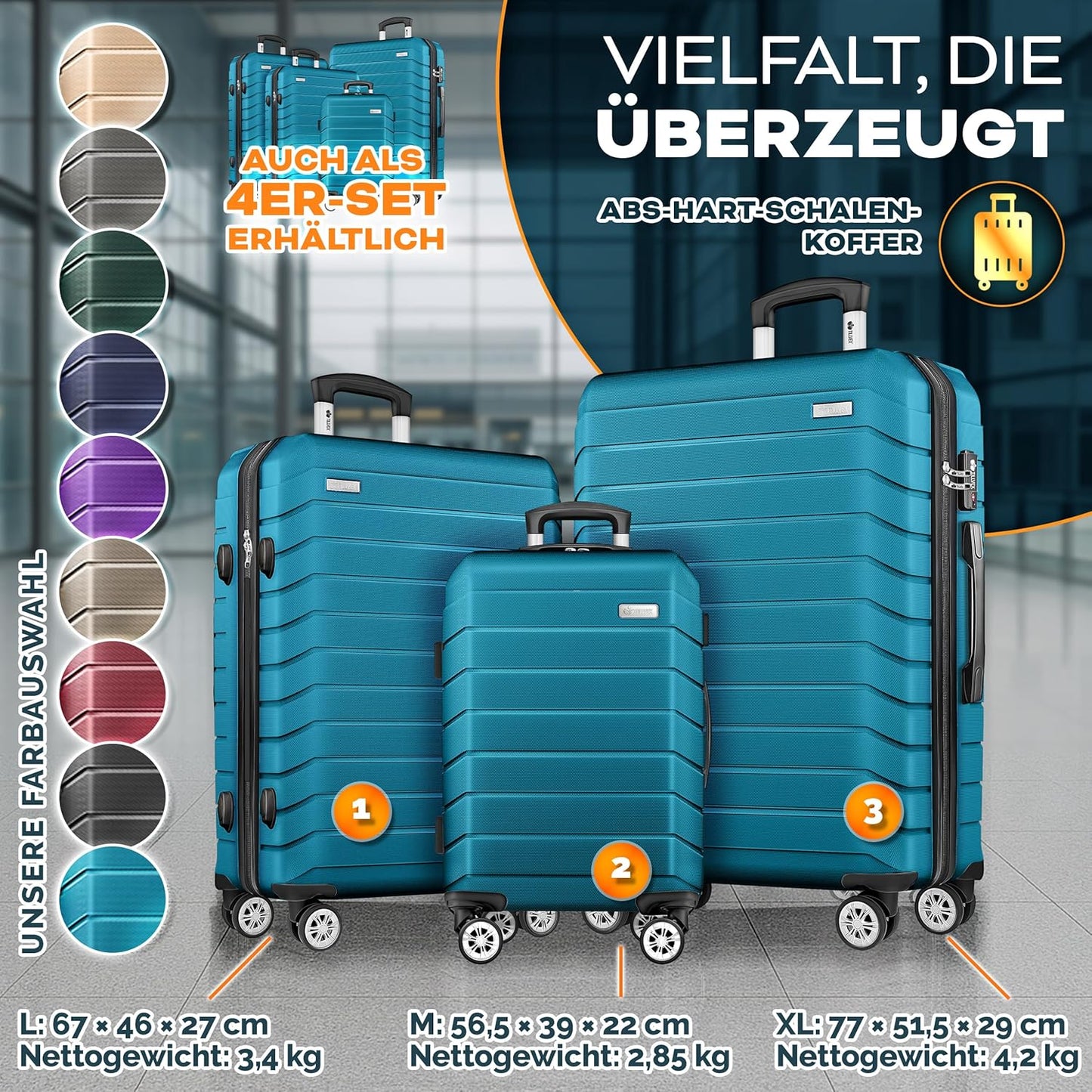 Reisekoffer-Set mit TSA-Schloss & Zubehör (3-tlg.), Türkis Kofferset 3tlg