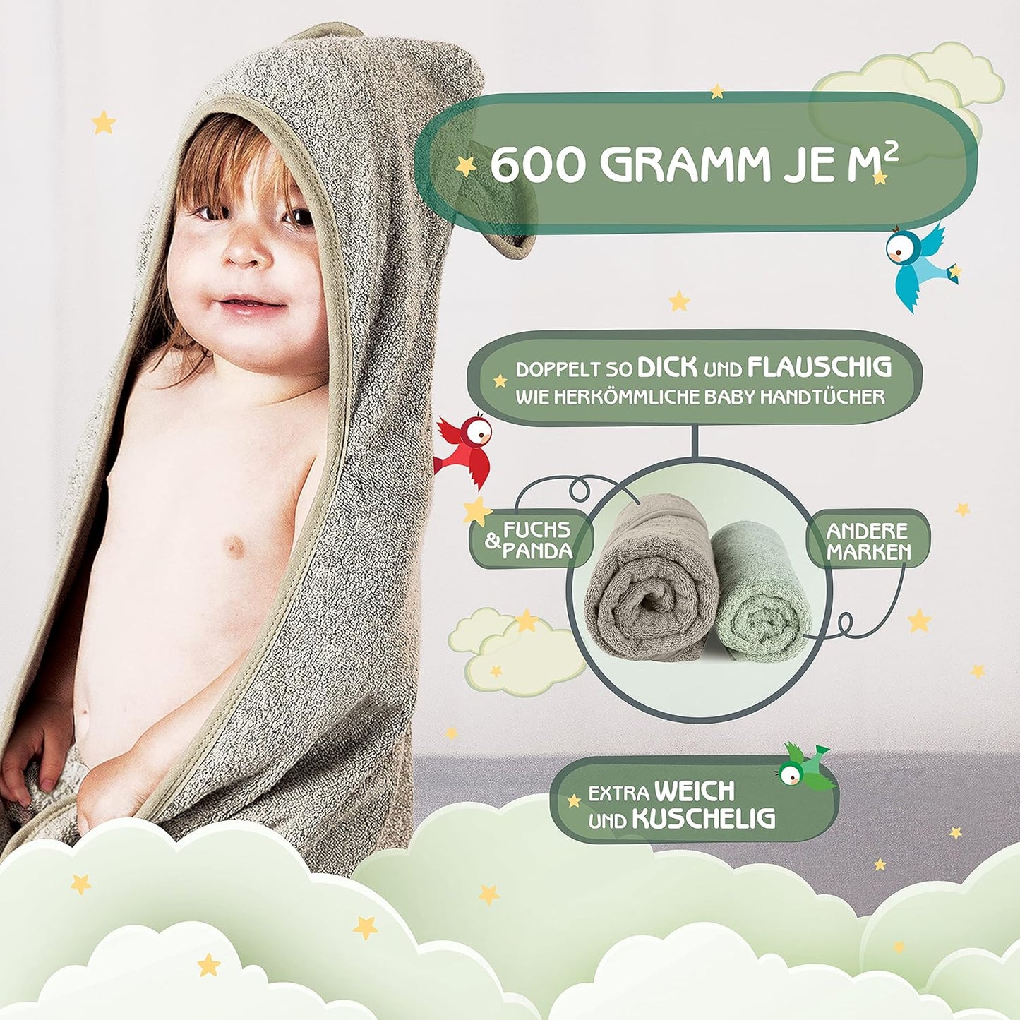 Baby Kapuzenhandtuch aus Bambus (extra dick, 75x75cm), Mint-grün