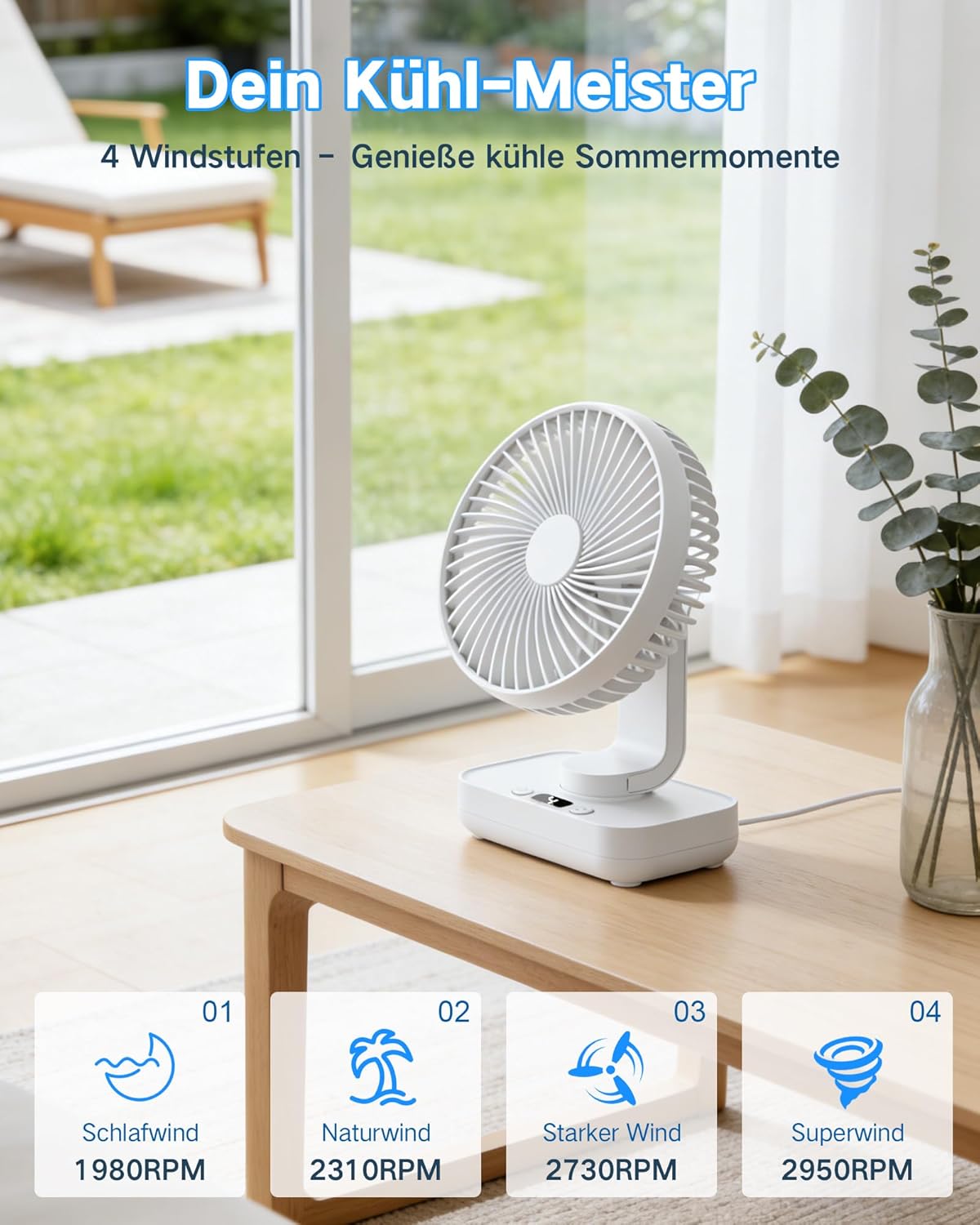 Oszillierender Tischventilator mit Akku und LED Display, Weiss
