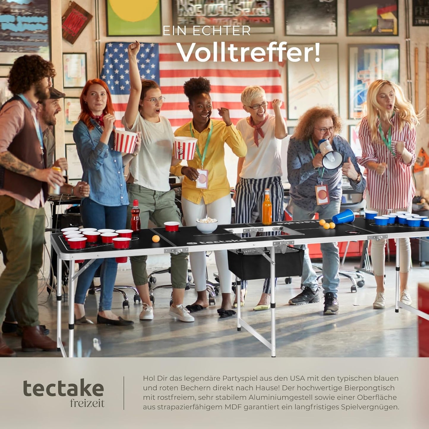 Bierpong Tisch mit Bechern und Bällen, klappbar, Beer Ball Blitz