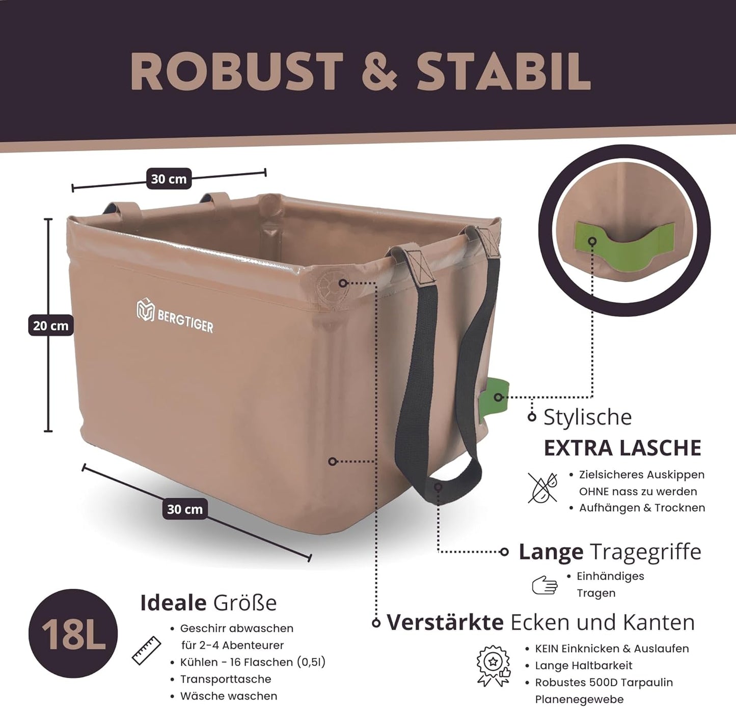 Faltbare Camping-Spülschüssel, Khaki / Olive - 18 Liter