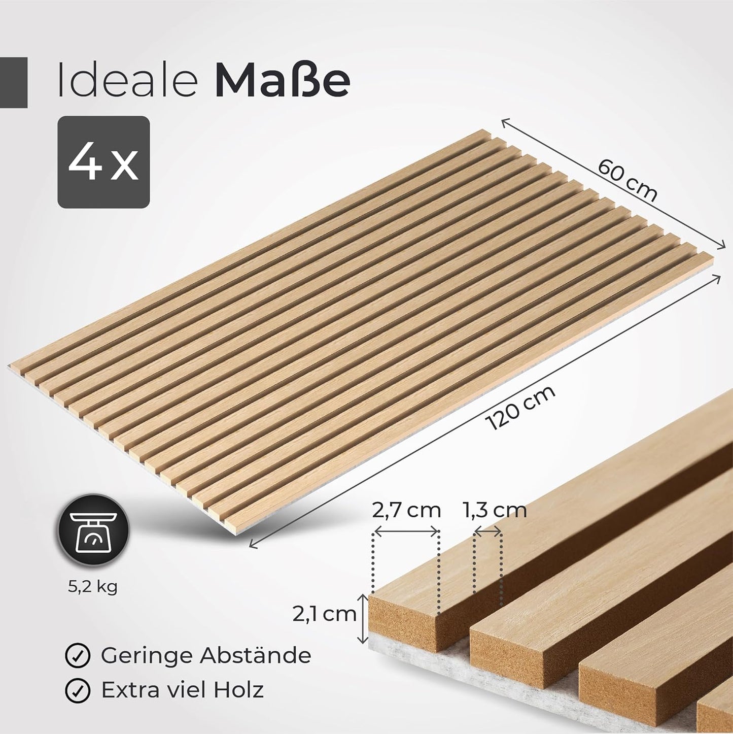 4-teiliges Akustik Holzpaneele-Set, 3D Wandverkleidung, 4 Stück | je 120 x 60 x 2,1 cm Holzfurnier Eiche | Akustikfilz Grau
