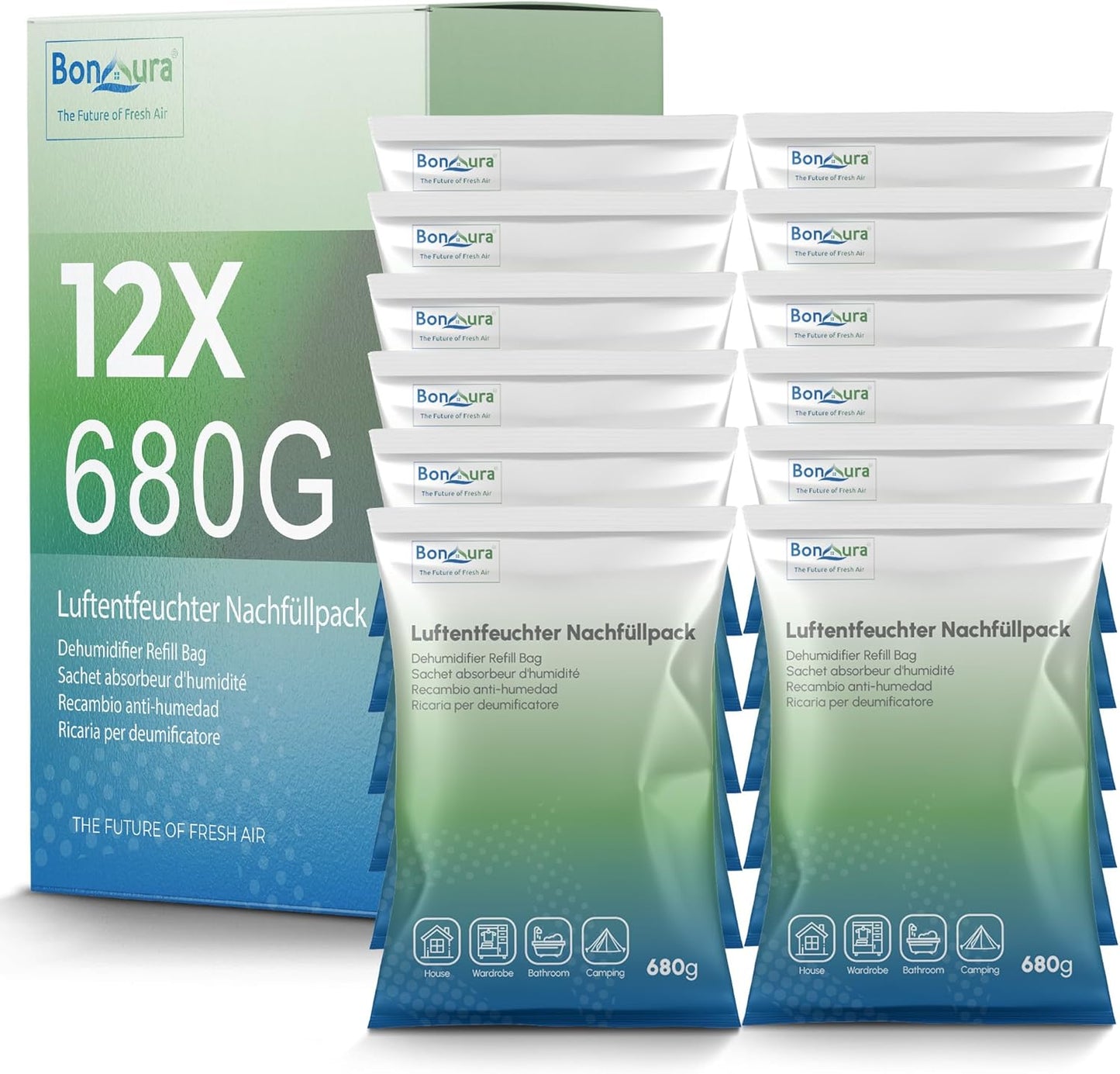 Luftentfeuchter mit Granulat-Nachfüllpacks, 12 X Granulat Beutel