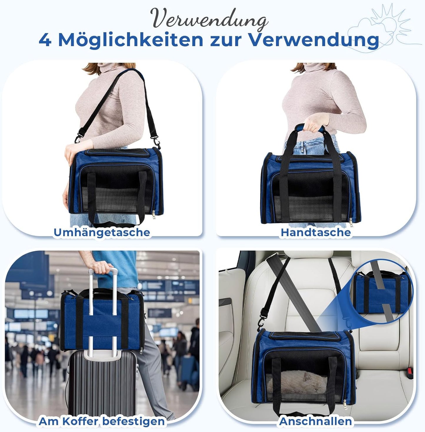 Transporttasche für Katze Hund bis zu 8kg, 50 x 34 x 34cm Dunkelblau