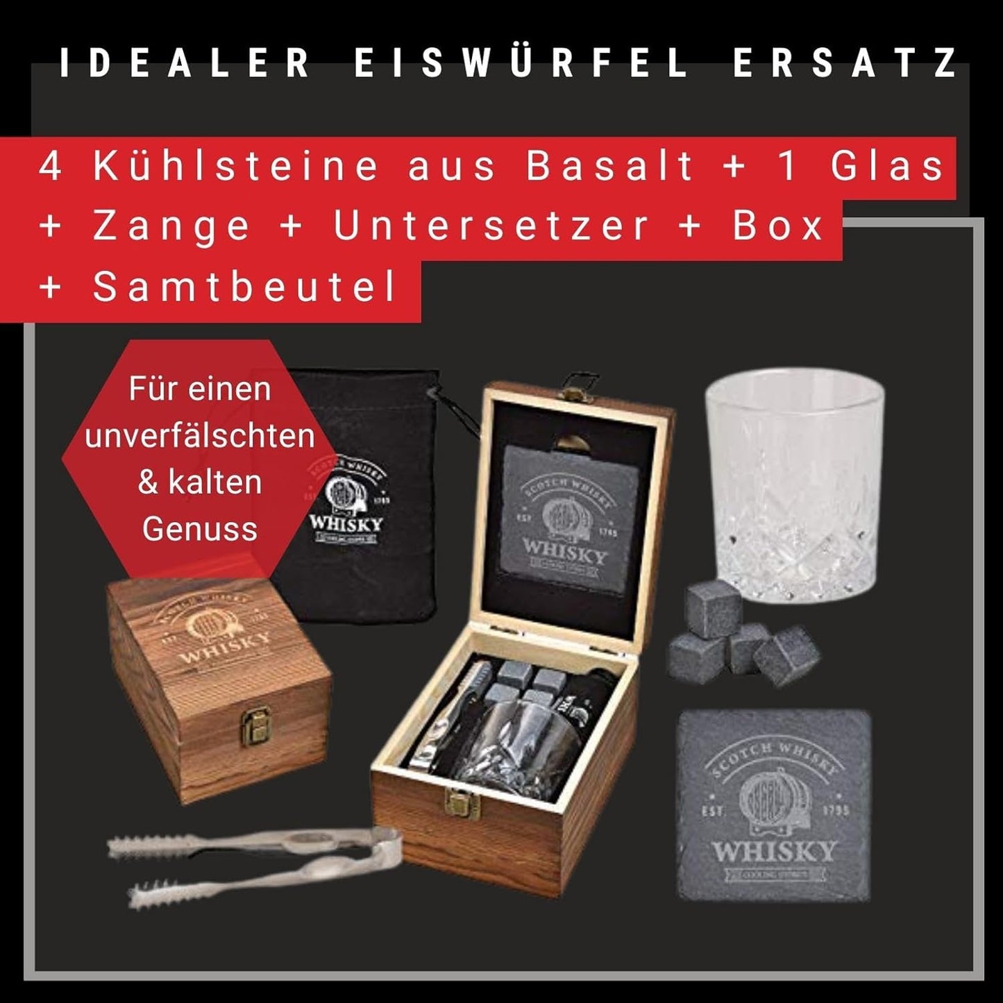 Whisky-Steine Set, 4 Kühlsteine + Zange + 1 Glas + Untersetzer