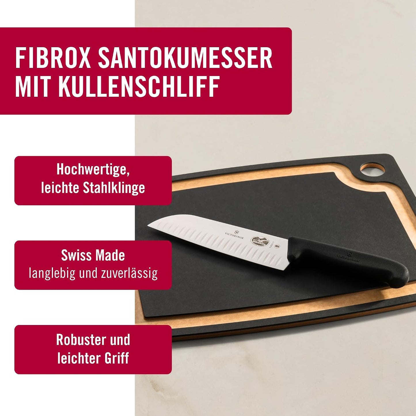 Fibrox Santokumesser mit Kullenschliff, Schwarz
