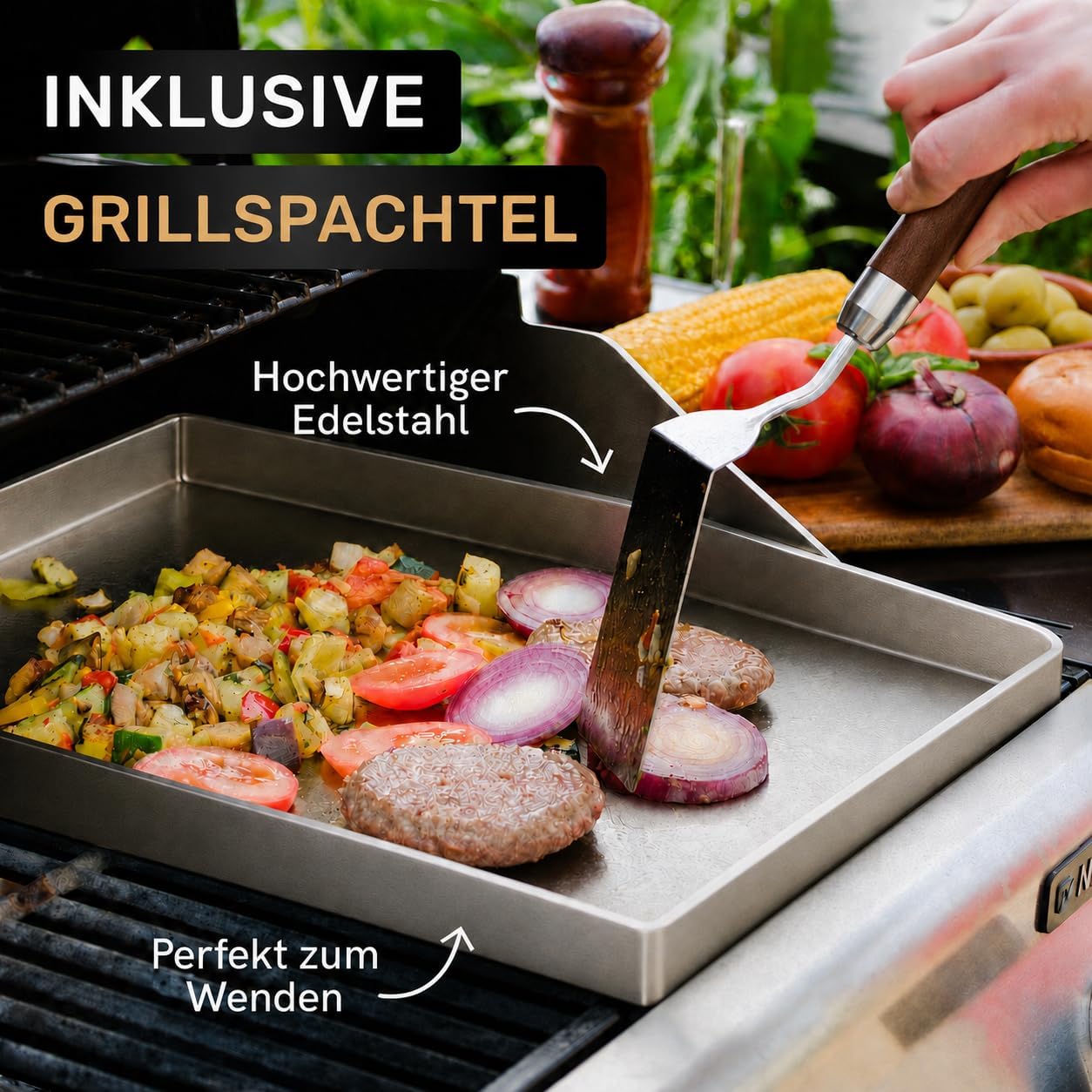 Premium Plancha Set aus Edelstahl, 40 x 30 x 3.8 cm