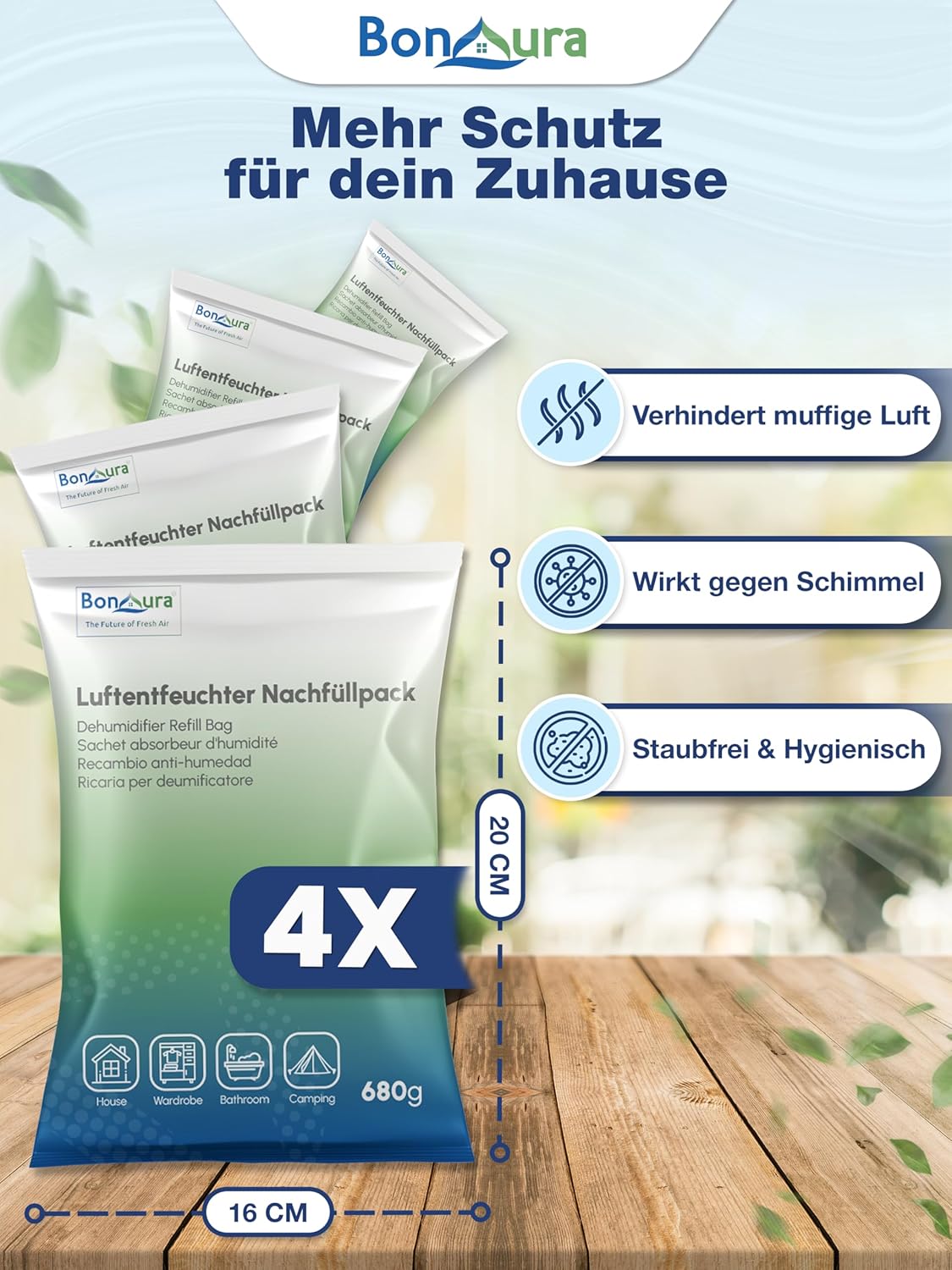 4er-Set Luftentfeuchter Nachfüllpack, 4x Granulat Beutel