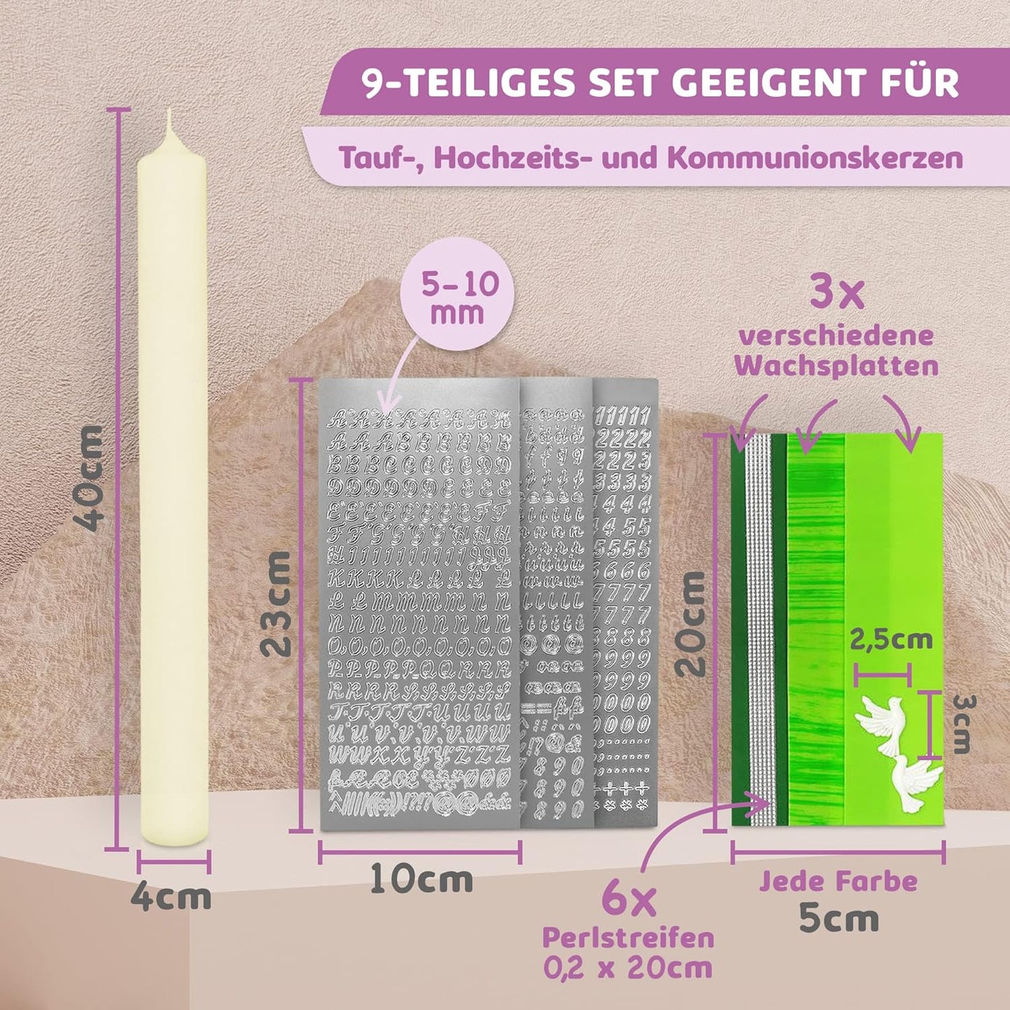 erzen-Rohling Set zur individuellen Gestaltung, Grün mit Taube Kerze 40x4 cm | Creme