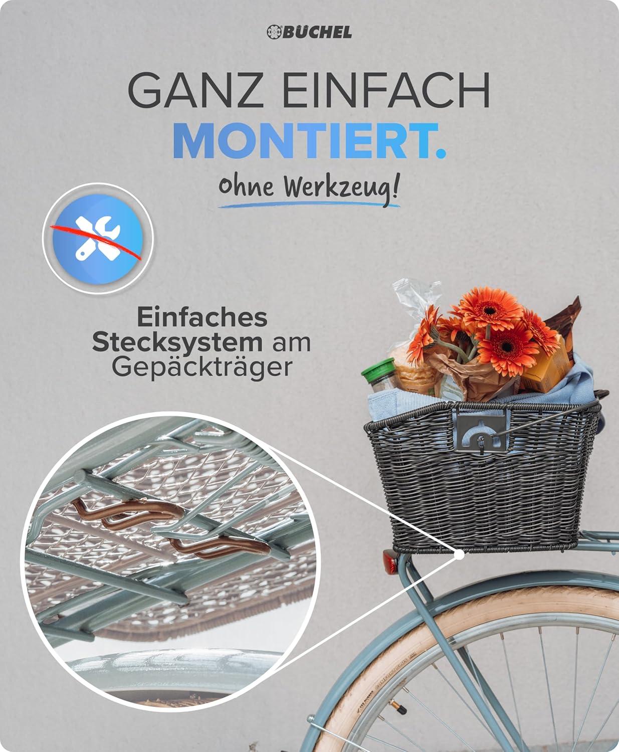 Abnehmbarer Fahrradkorb für hinten mit Halteclip, grau Single