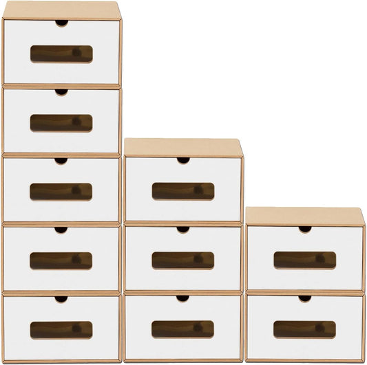 10er Boxen-Set mit Sichtfenster & Schublade, 10er Set Braun Weiß